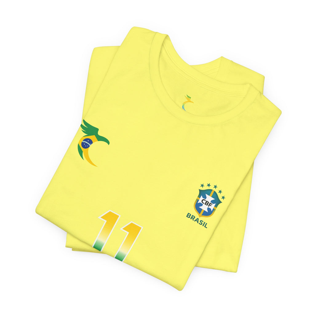 Brazil Soccer Raphinha T‑Shirt — Yellow Brazil Crest Tee with Flag & Sleeve Badges