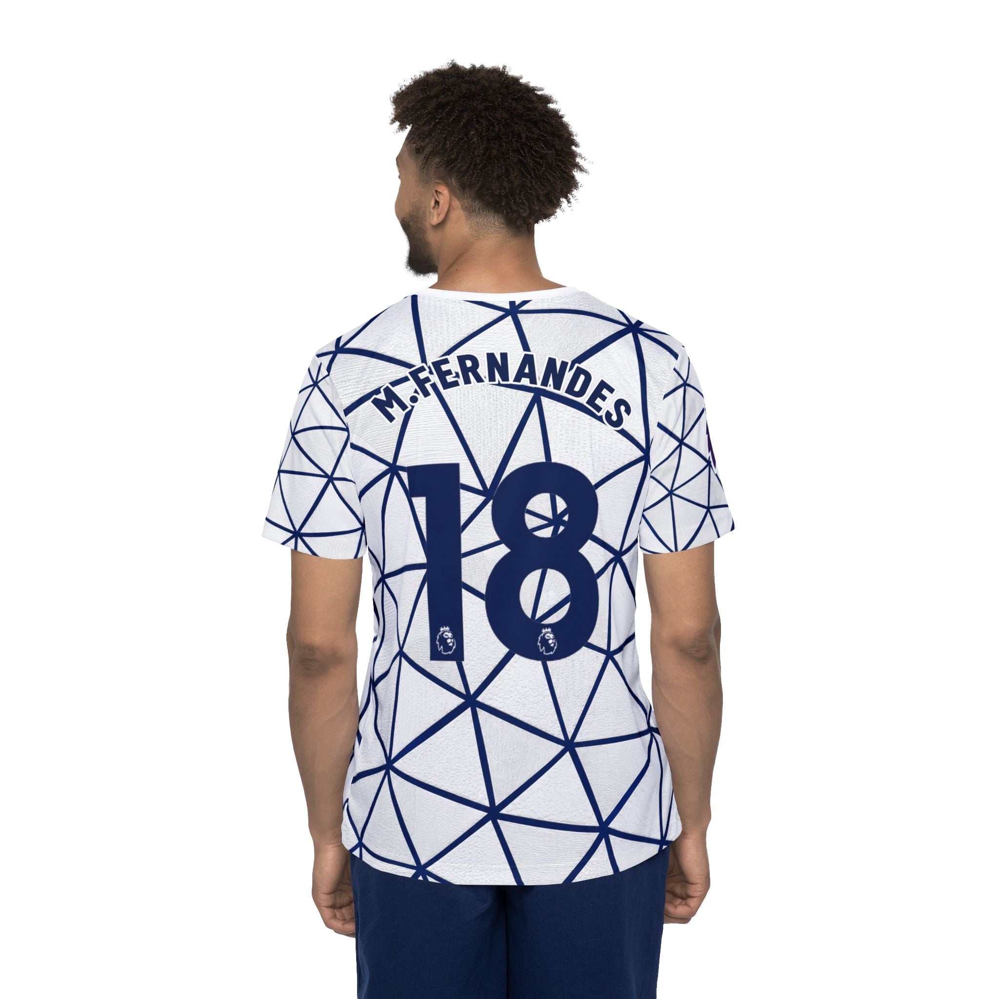 Men's All-Over Print Football Jersey — Geometric White/Navy with AIA Logo and Number 18