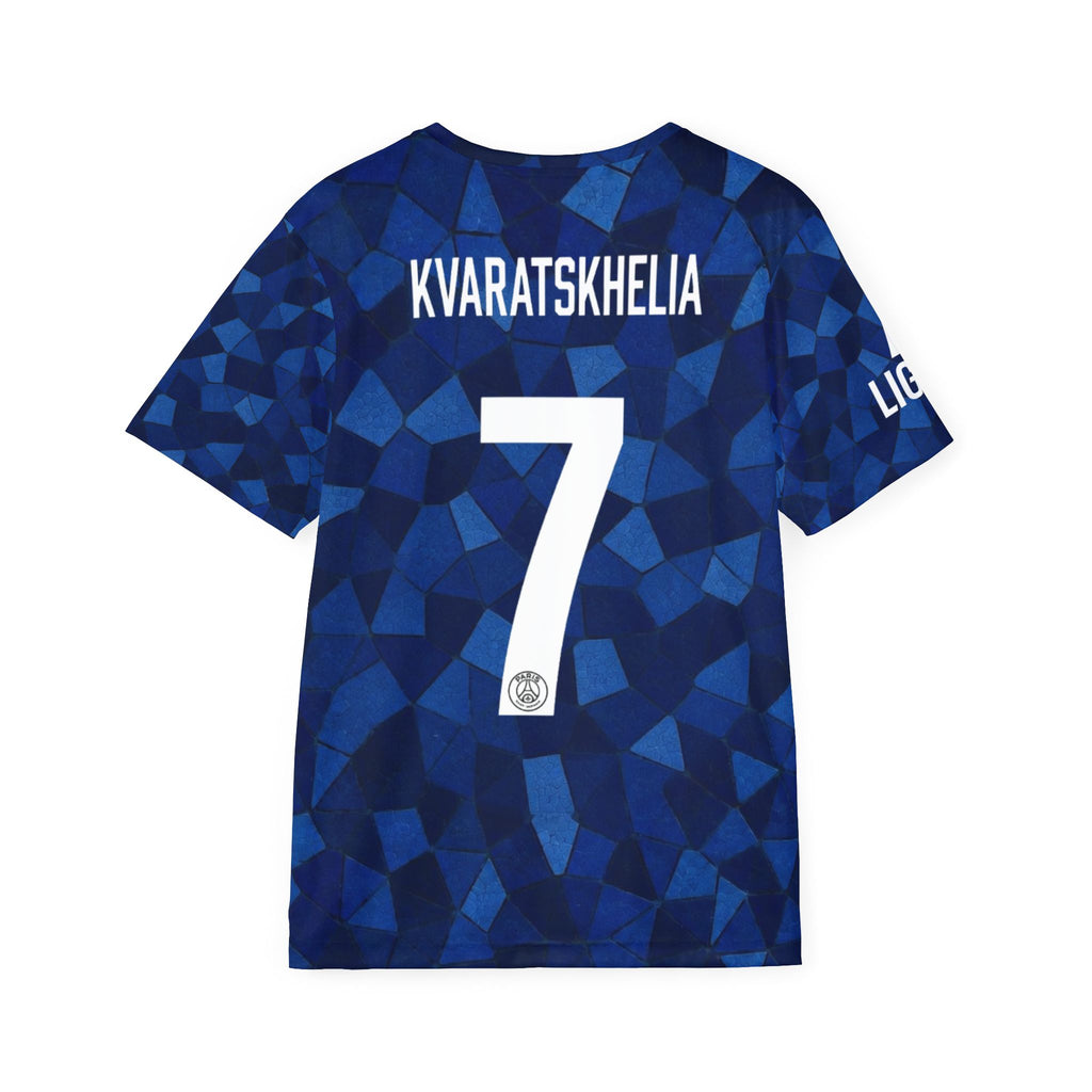 PSG Kvaratskhelia #7 Men’s Soccer Jersey — Qatar Airways Blue Red Kit