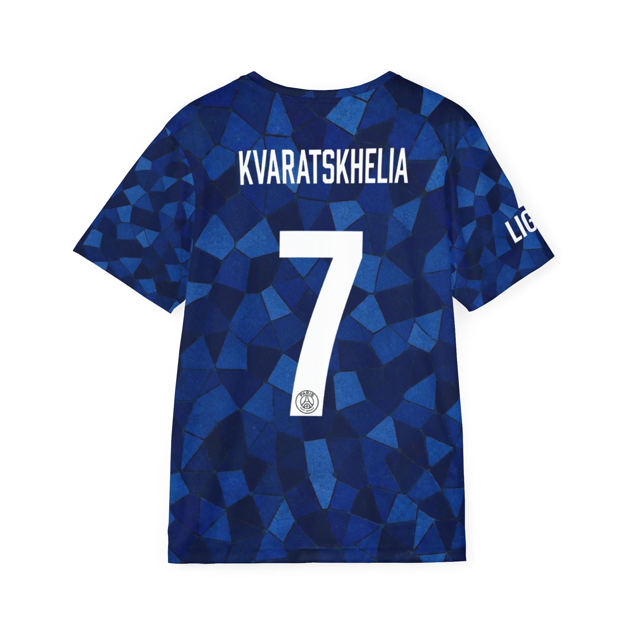 PSG Kvaratskhelia #7 Men’s Soccer Jersey — Qatar Airways Blue Red Kit