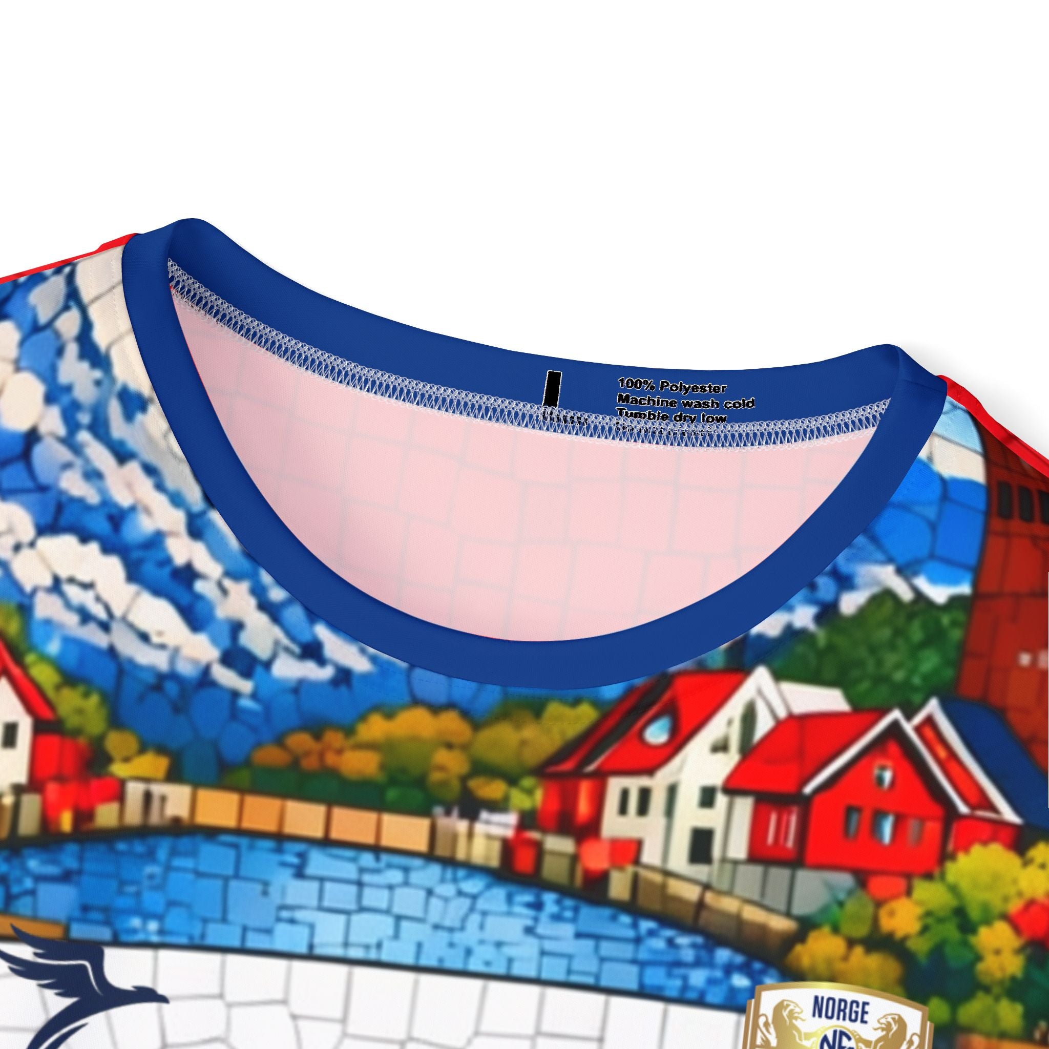 Vibrant Norwegian Fjord Sports Jersey — Viking Ship & Coastal Village All-Over Print