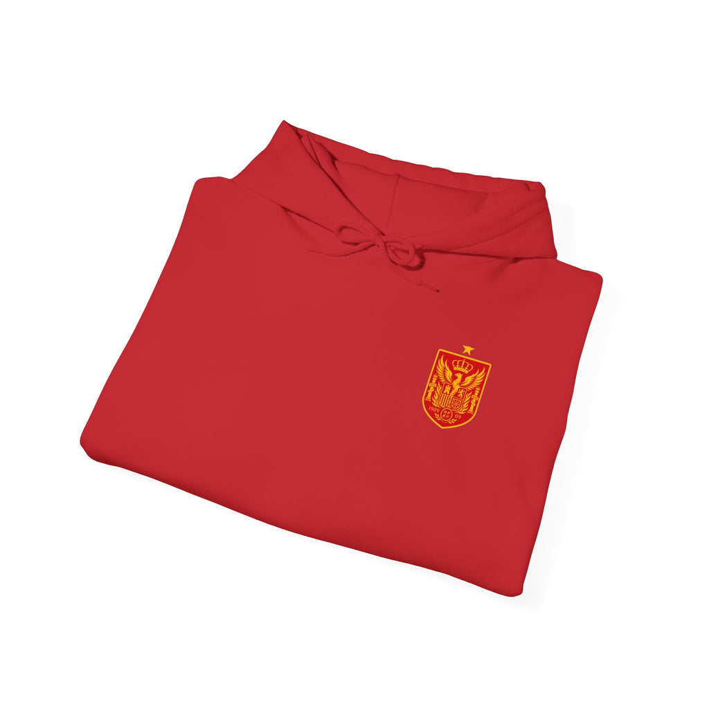 Lamine Yamal  Hoodie - Red Sports Sweatshirt with Gold Crest & Personalized Back Number (e.g., LAMINE YAMAL 19)