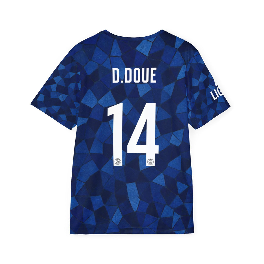 Paris-Inspired Men’s Soccer Jersey with D.Doue 14 — Blue Red Qatar Airways Design