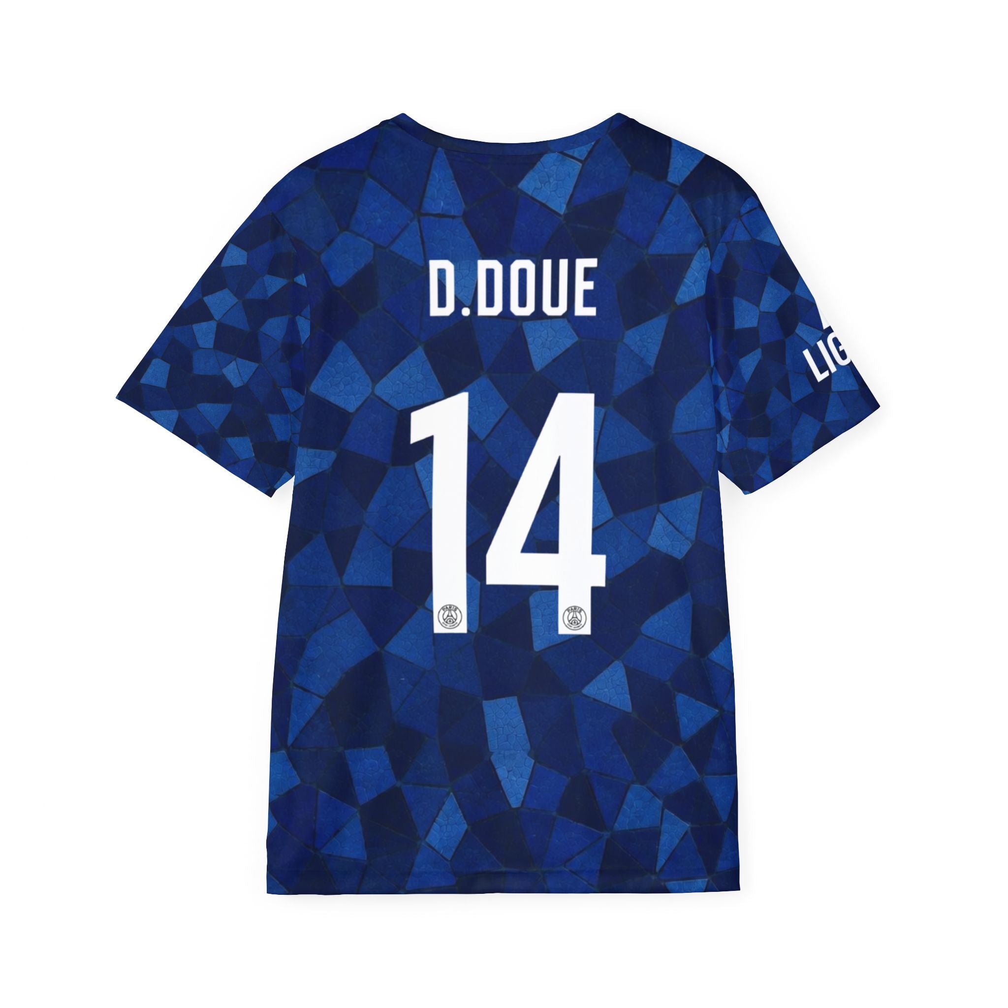 Paris-Inspired Men’s Soccer Jersey with D.Doue 14 — Blue Red Qatar Airways Design