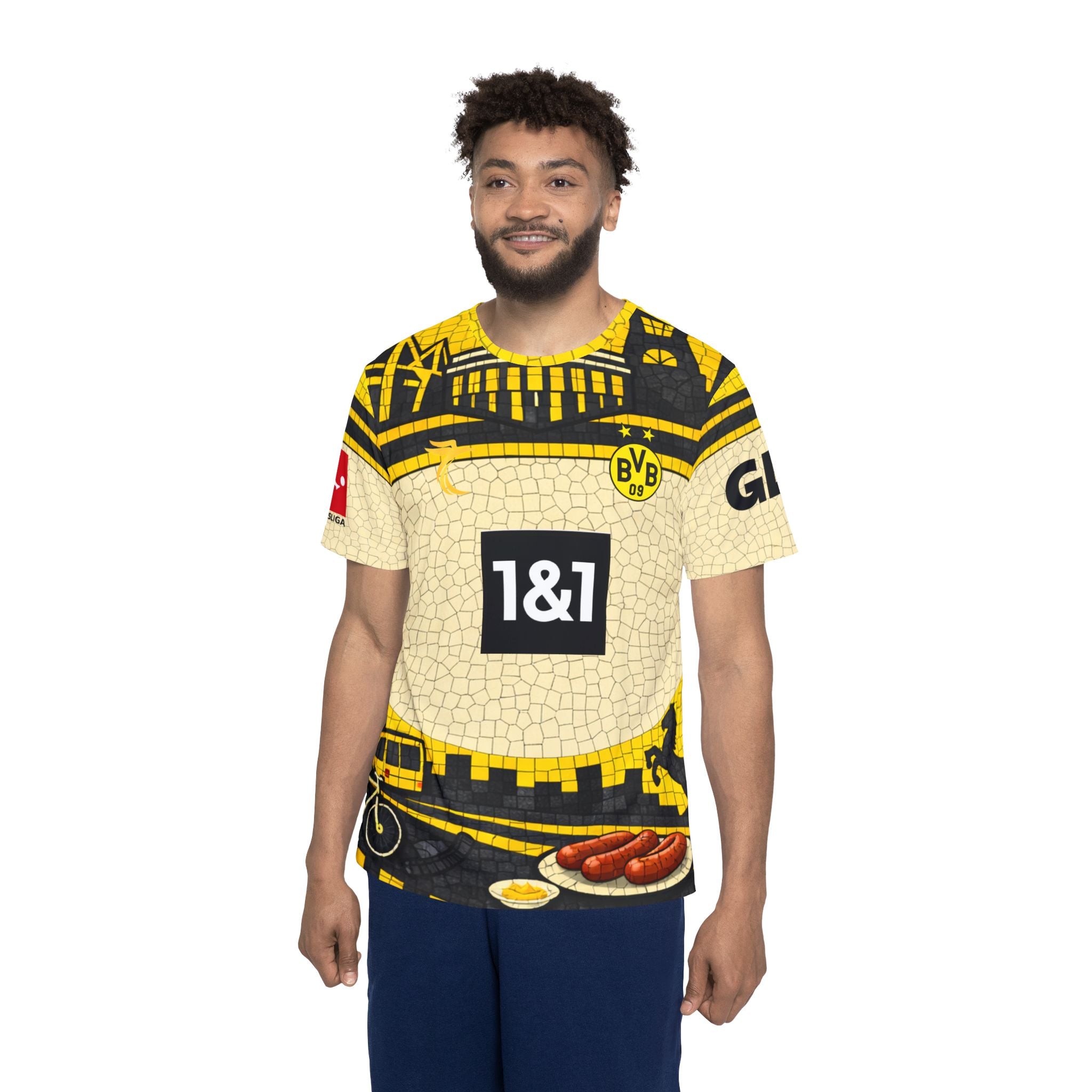 Men's Sports Jersey — Yellow Mosaic Cityscape Football & Sausage Graphic