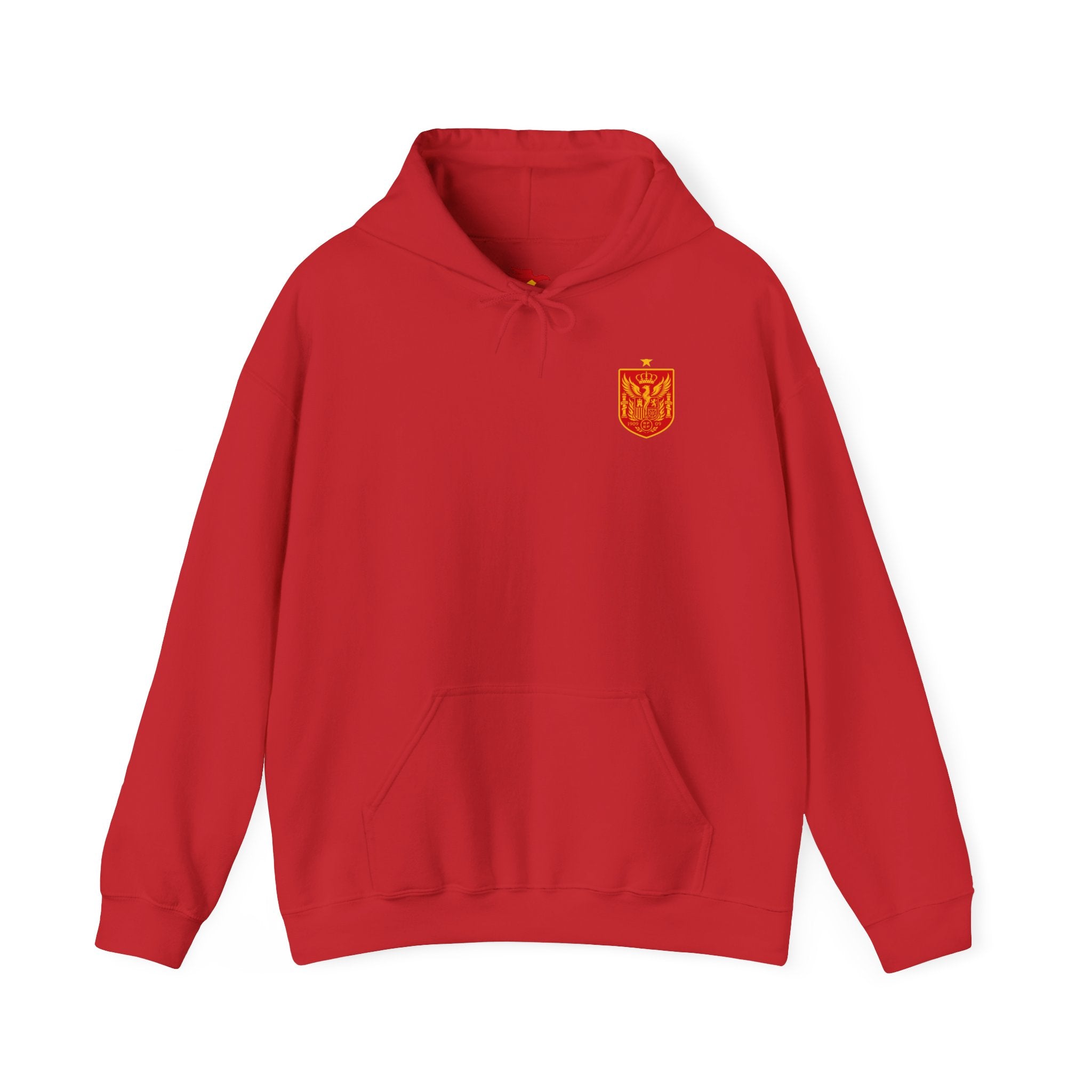 Lamine Yamal  Hoodie - Red Sports Sweatshirt with Gold Crest & Personalized Back Number (e.g., LAMINE YAMAL 19)
