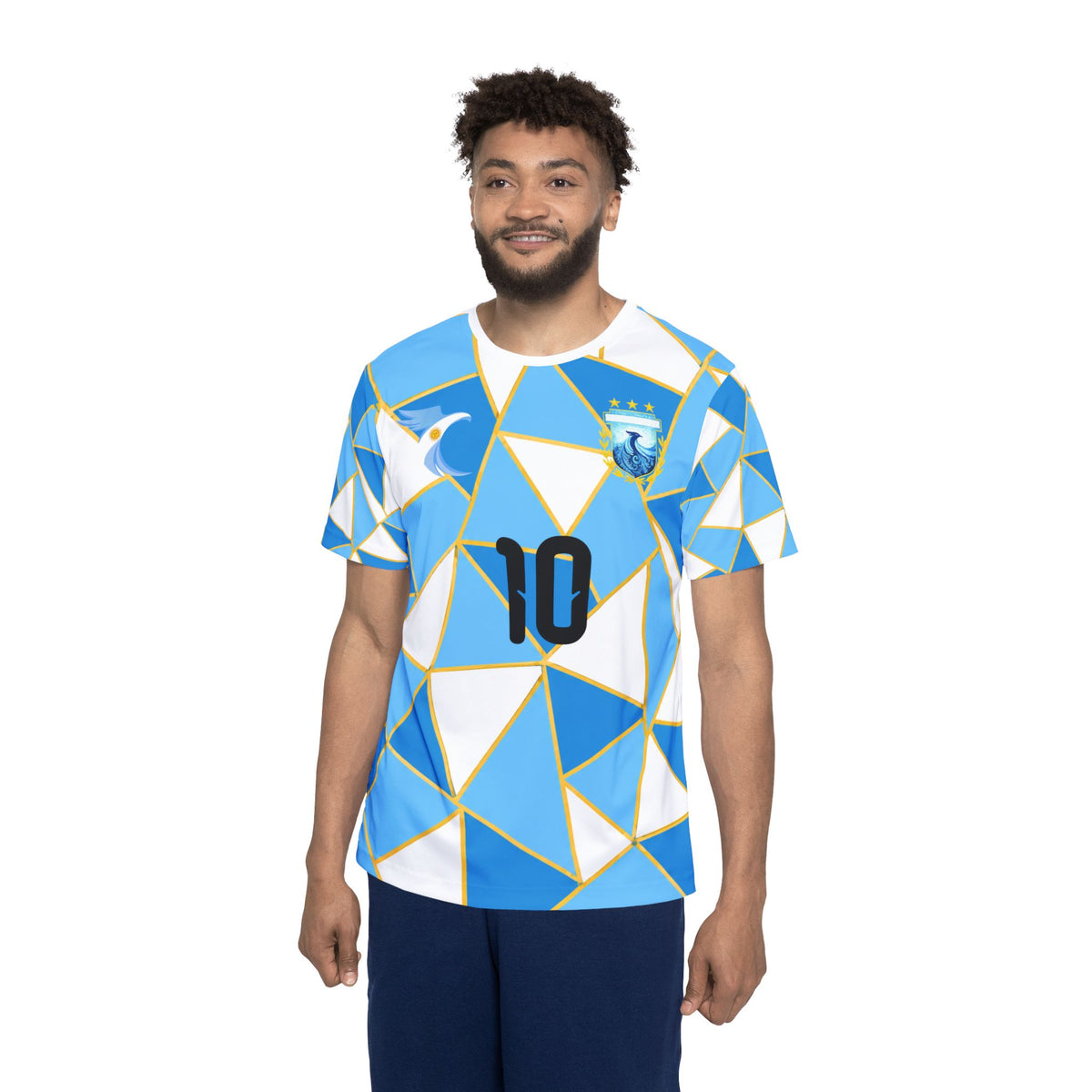 Men's Messi #10 Soccer Jersey — Blue Geometric All-Over Print