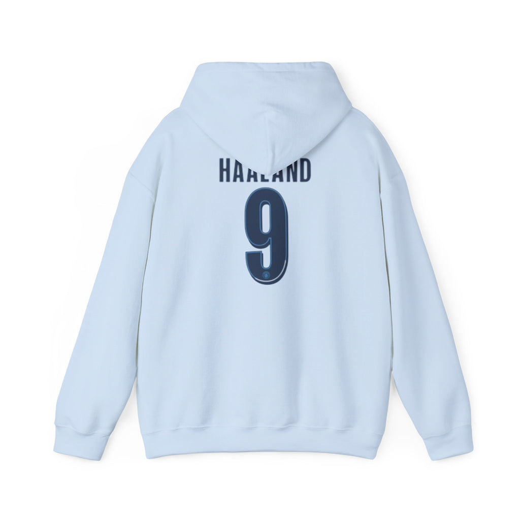 Haaland #9 Soccer Hoodie — Light Blue Fan Pullover with Crest