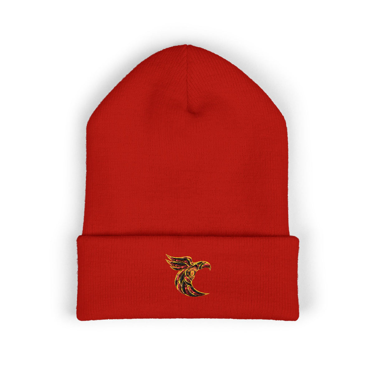Embroidered Fiery Phoenix Cuffed Beanie — Flame Bird Embroidery