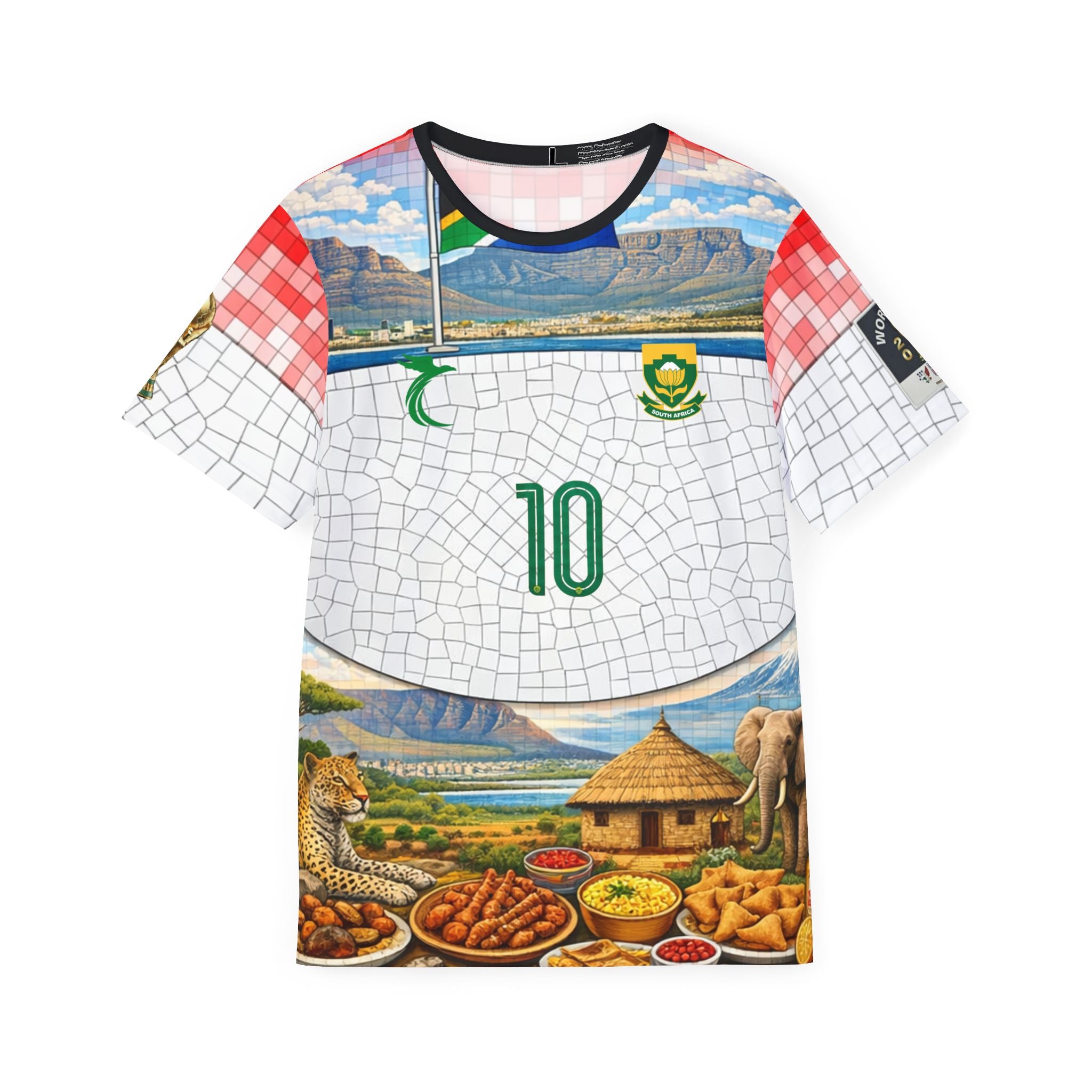 African Heritage Mosaic Sports Jersey — Table Mountain, Wildlife & Rainbow Stripe Design