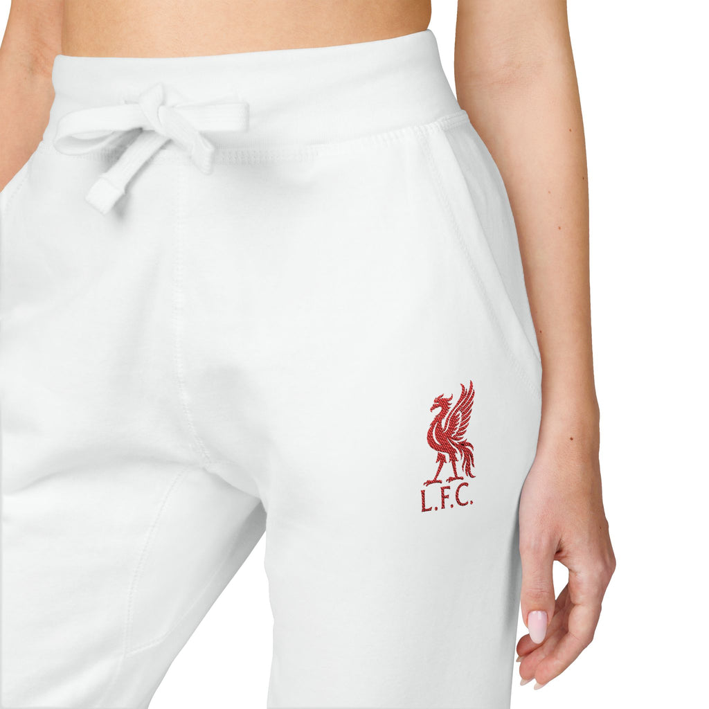Liverpool Embroidered Crest Sweatpants — White Cozy Joggers with Small Red Logo