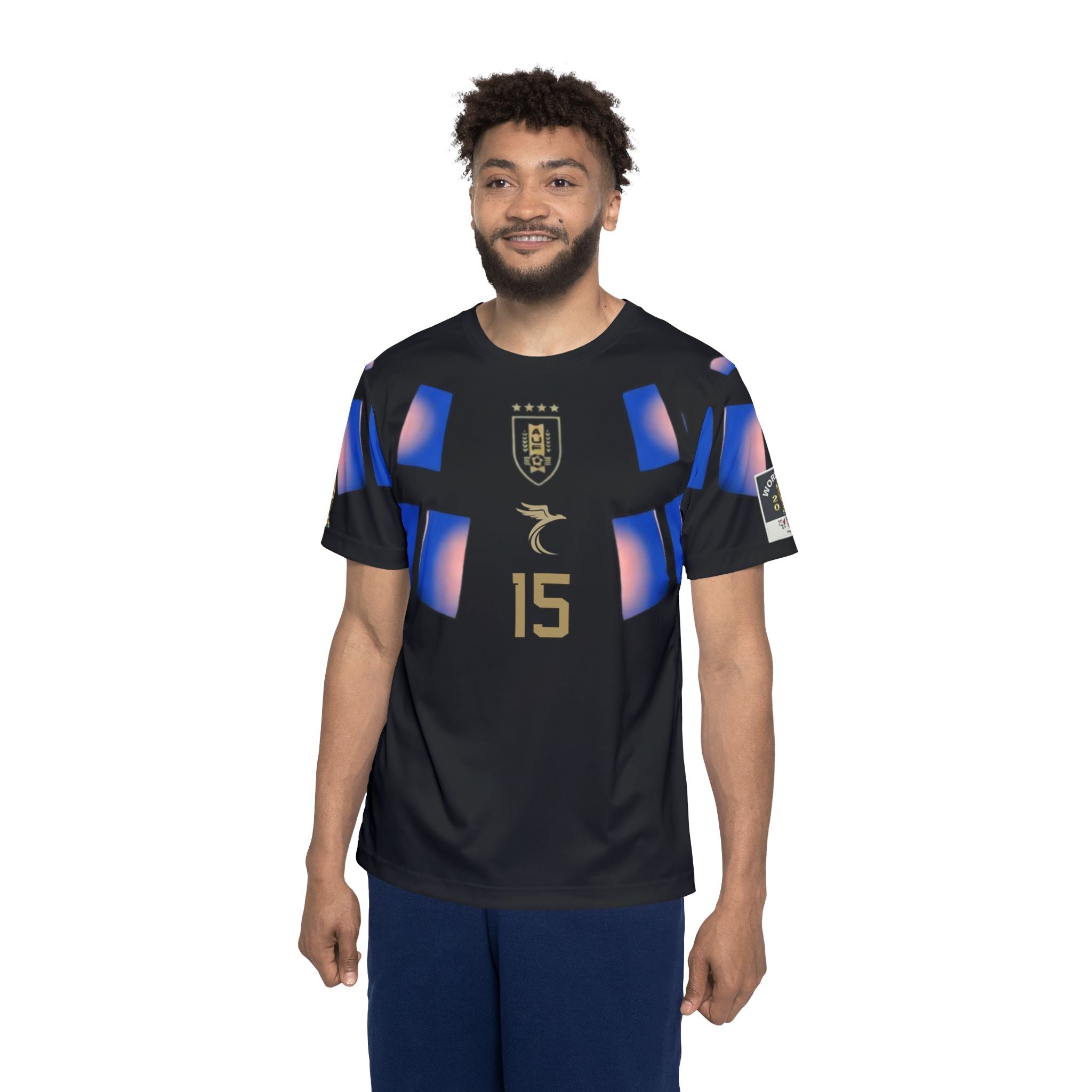 Men's Black Futuristic Soccer Jersey — Blue Glow Crest AOP