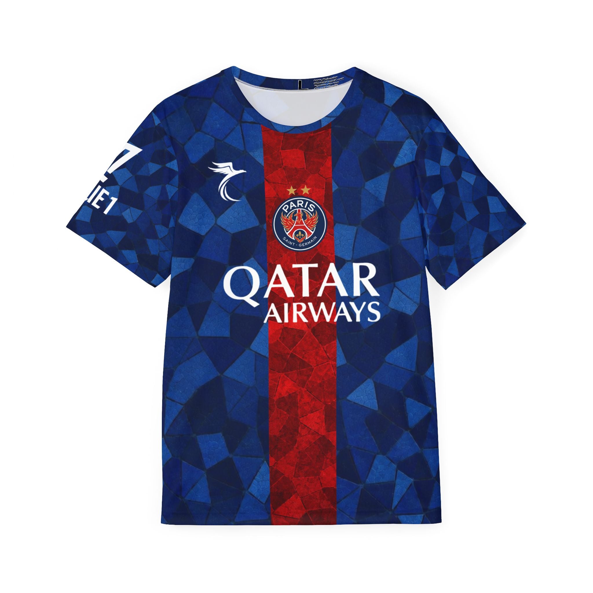 Paris-Inspired Men’s Soccer Jersey with D.Doue 14 — Blue Red Qatar Airways Design