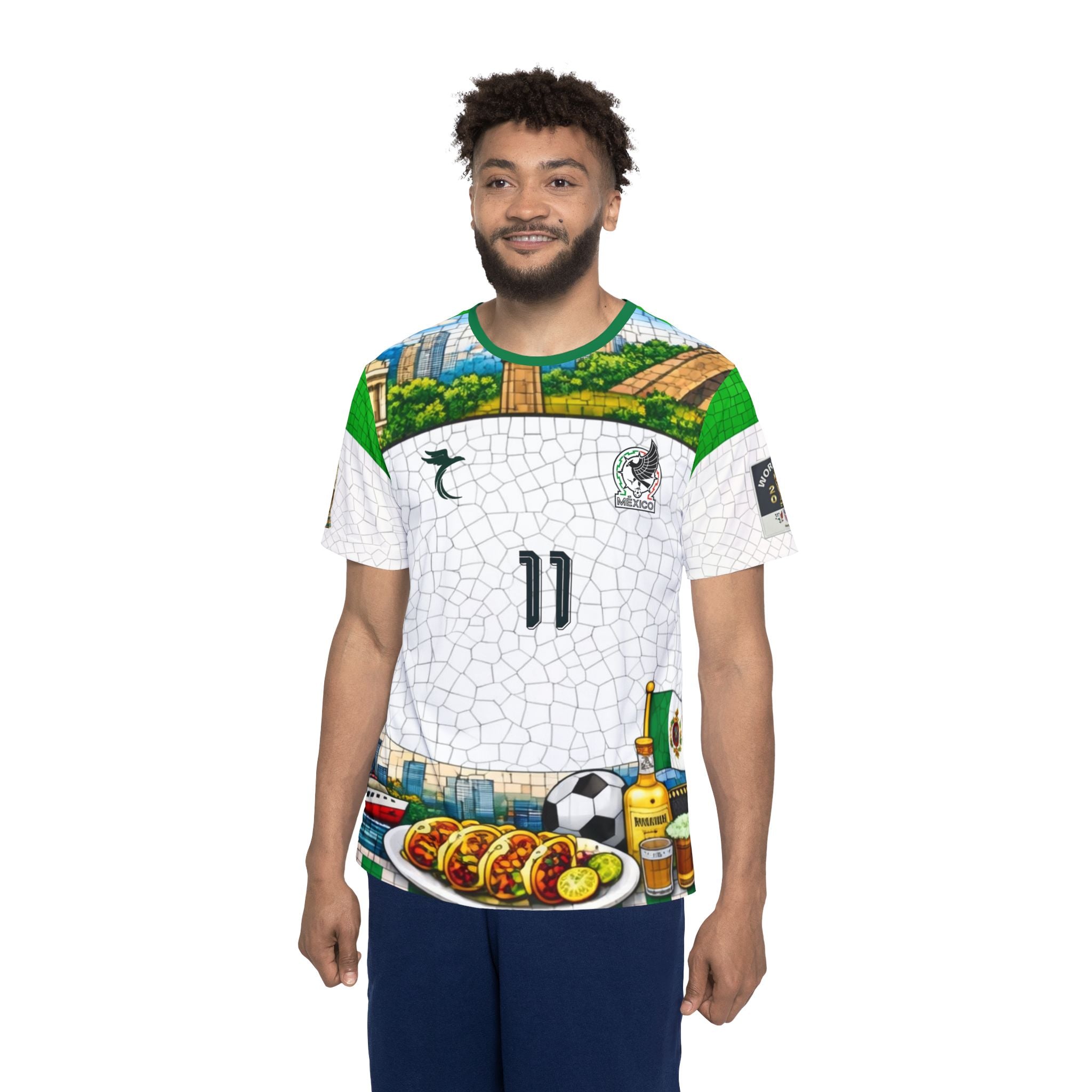 Mexican Soccer Jersey — All-Over Print Football Tee with Tacos & Fiesta Motif