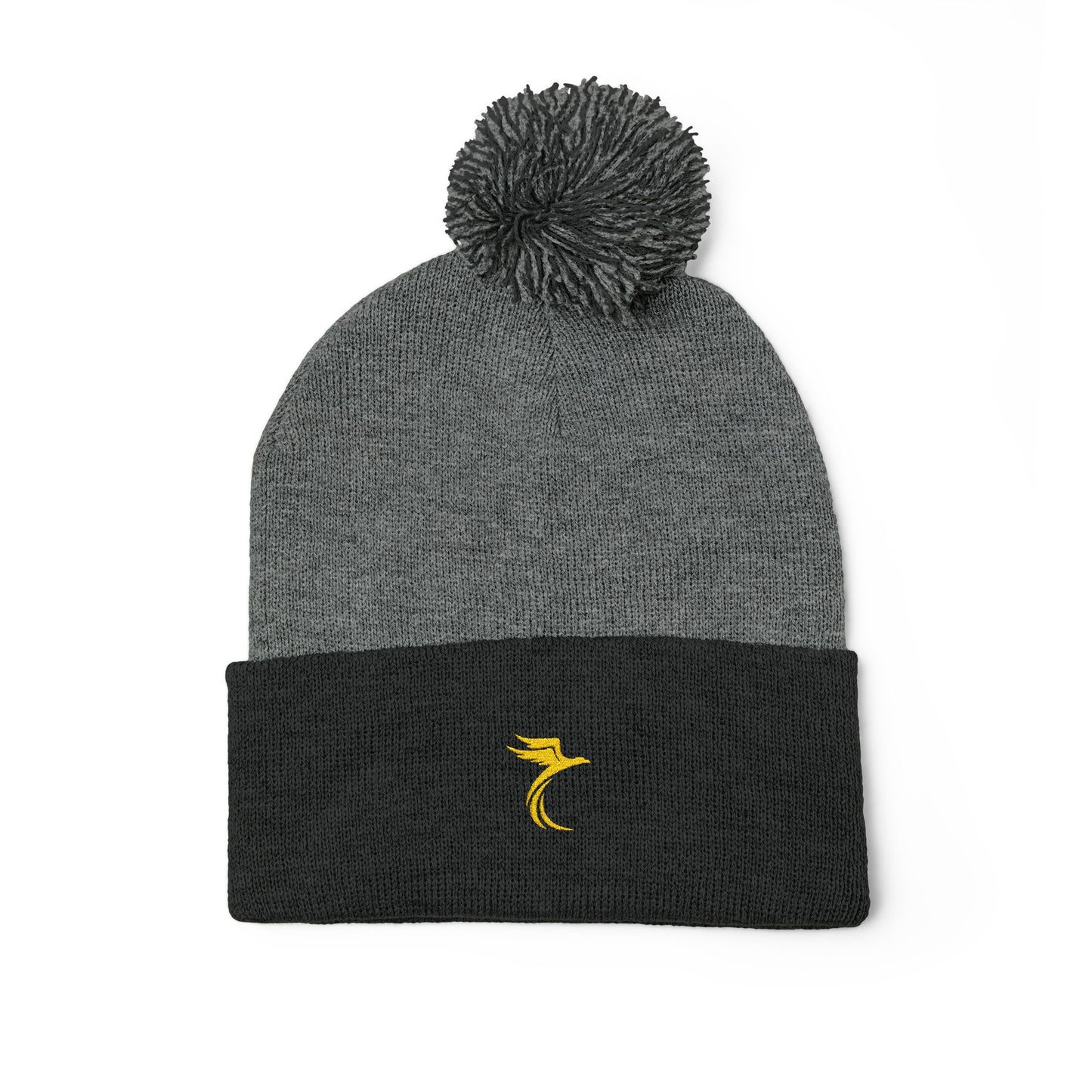 Embroidered Pom-Pom Knit Cap — Cozy Grey Beanie with Small Gold Stitching