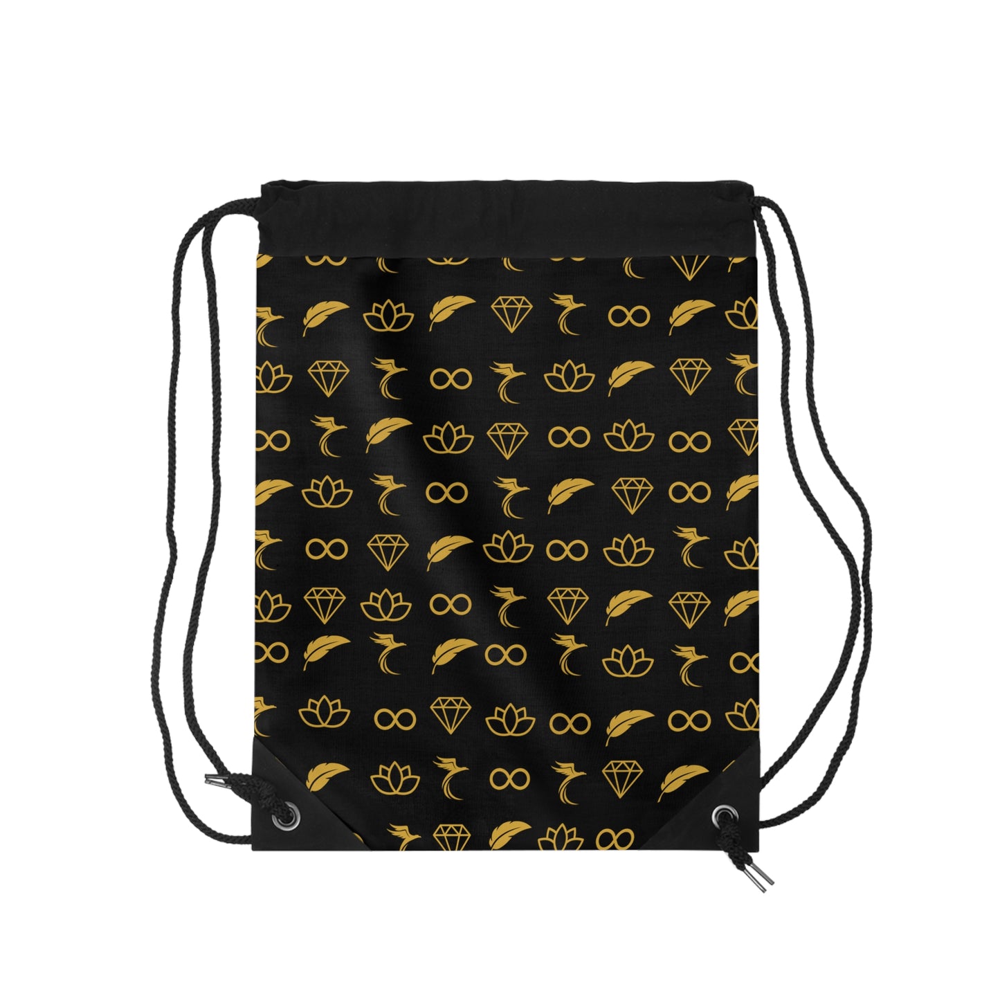 Stylish Black Drawstring Bag with Gold Symbol Patterns