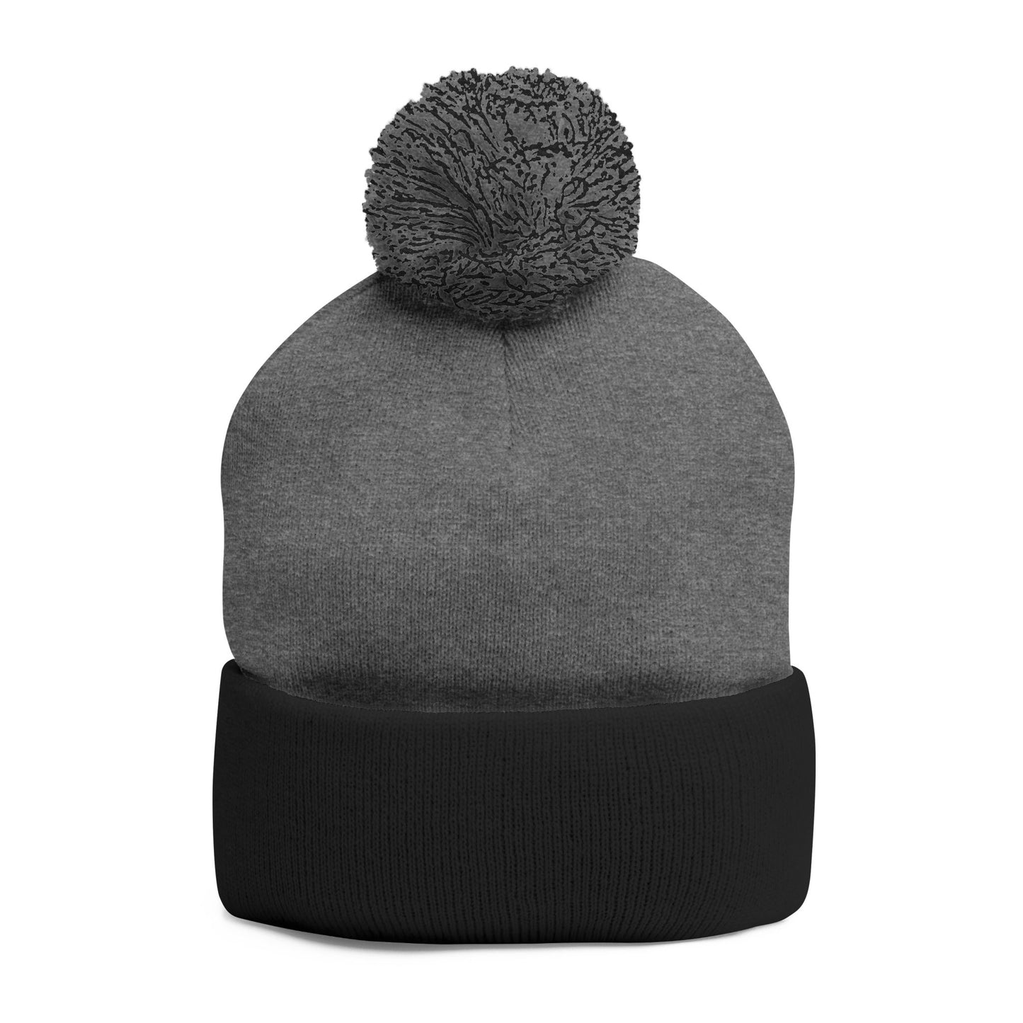 Embroidered Pom-Pom Knit Cap — Cozy Grey Beanie with Small Gold Stitching