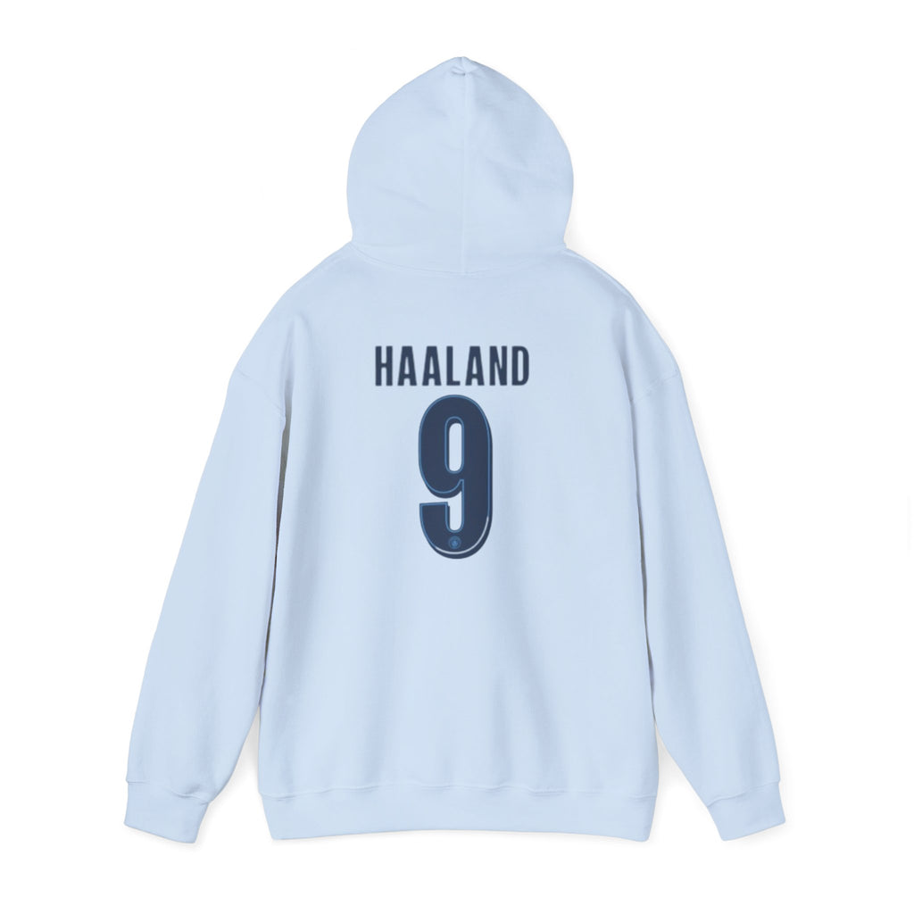 Haaland #9 Soccer Hoodie — Light Blue Fan Pullover with Crest