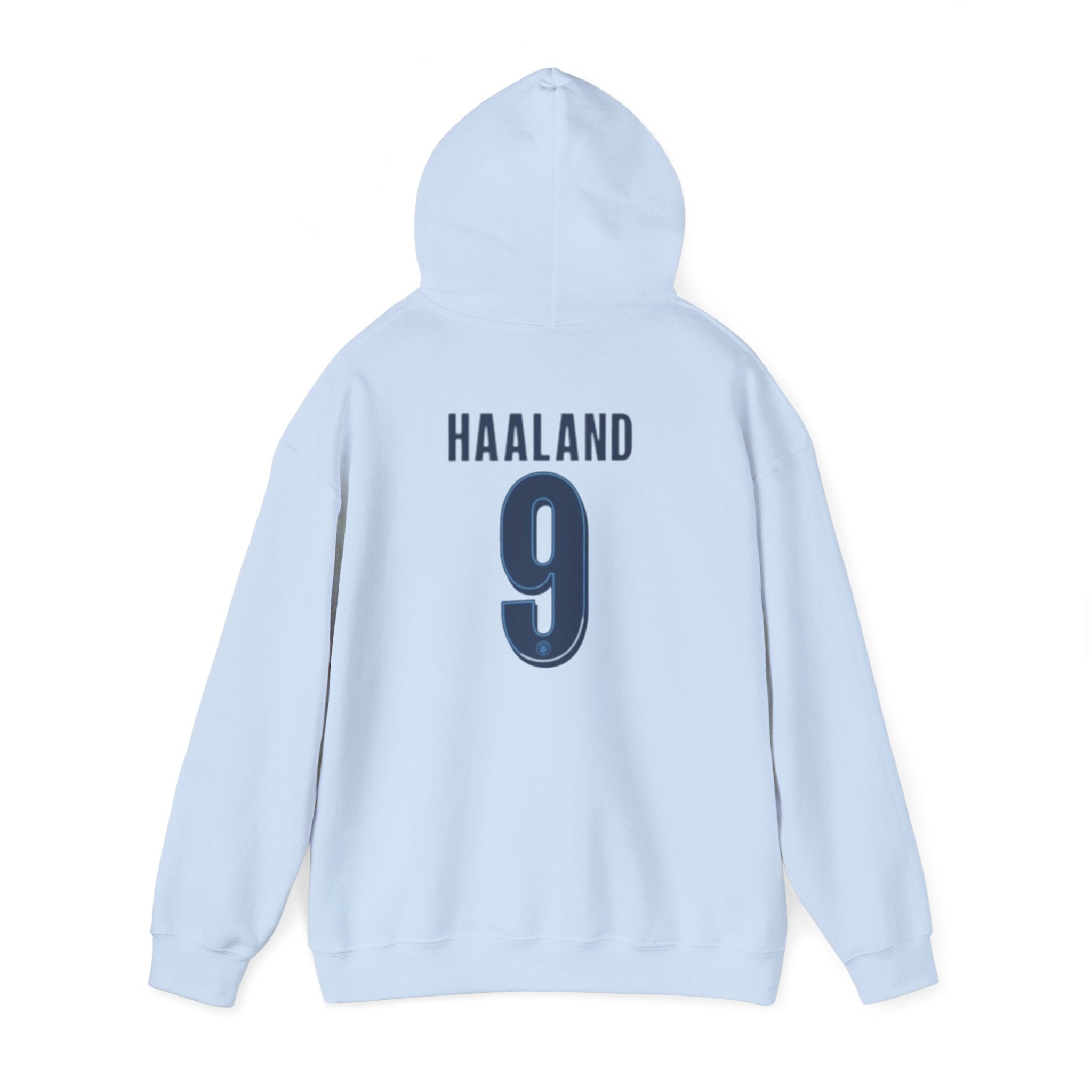 Haaland #9 Soccer Hoodie — Light Blue Fan Pullover with Crest