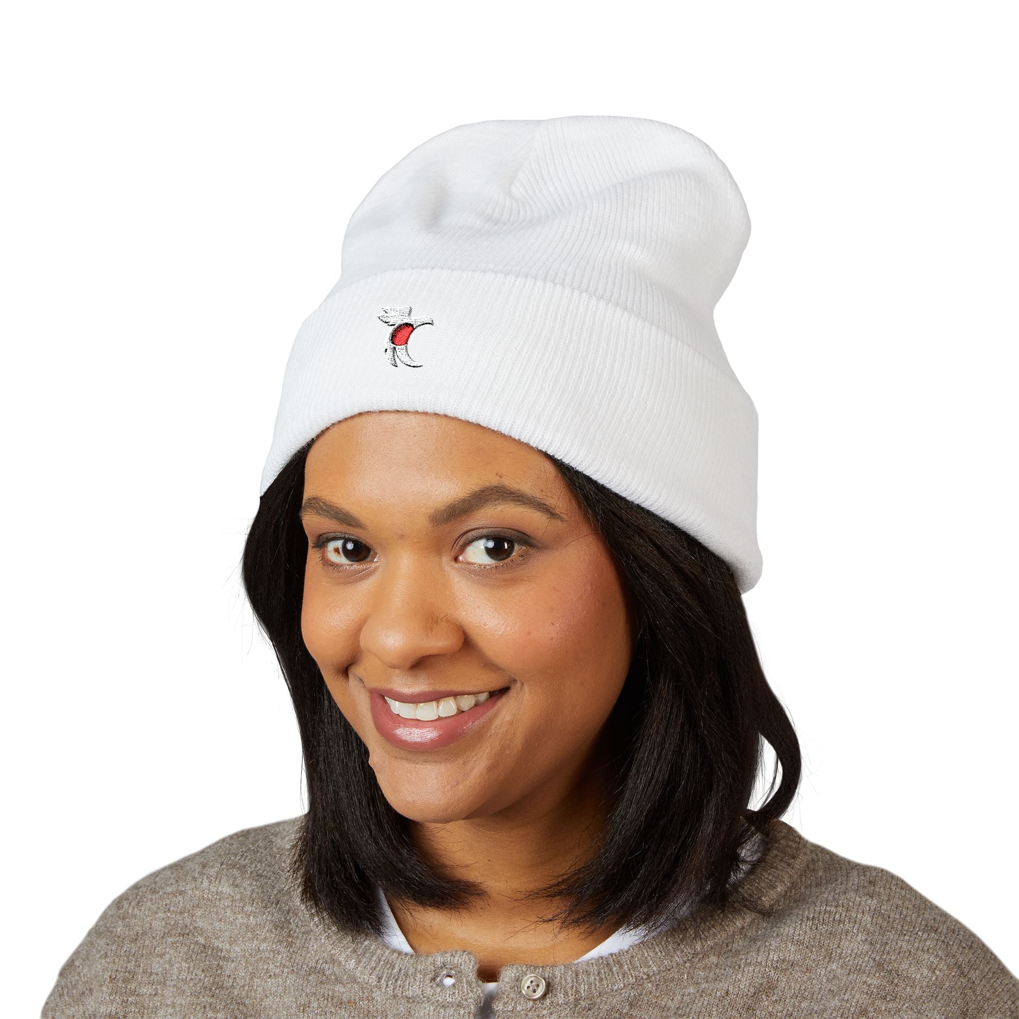 Embroidered Cat with Heart Cuffed Beanie — Cute Minimalist Knit Hat