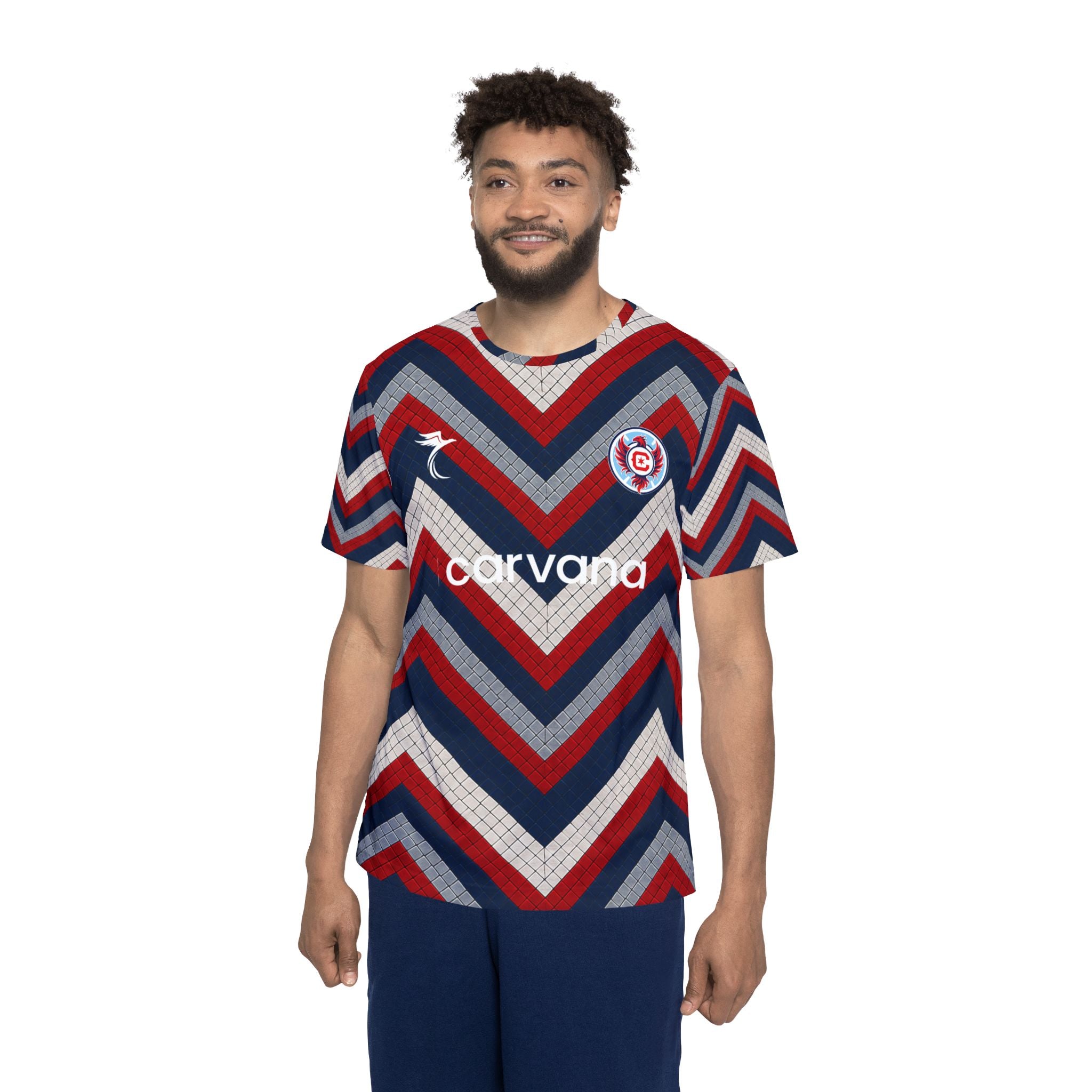 Men's Chevron Sports Jersey — Red Navy Zigzag All-Over Print with 'Lewandowsk' Back & Carvana Logo