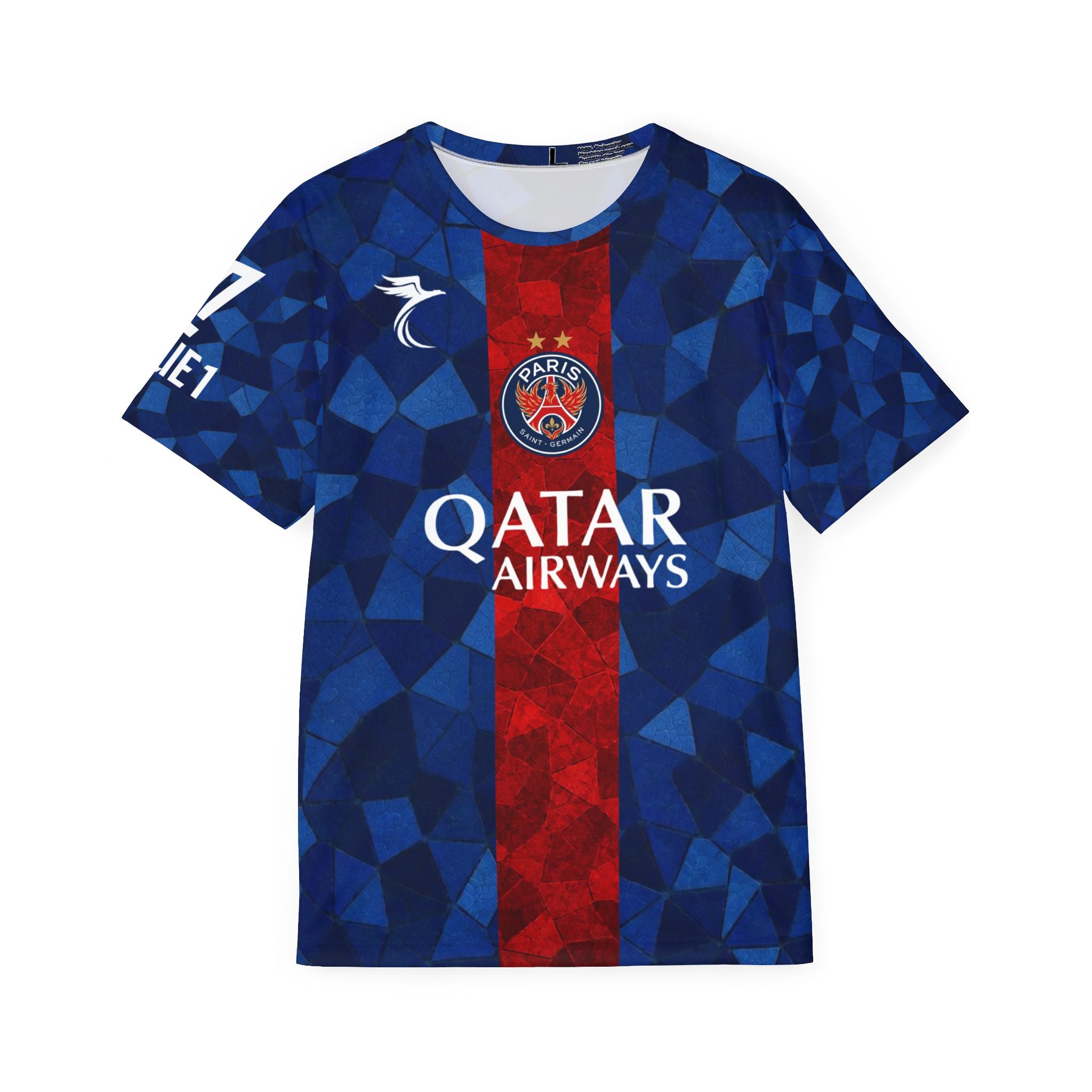 PSG Kvaratskhelia #7 Men’s Soccer Jersey — Qatar Airways Blue Red Kit