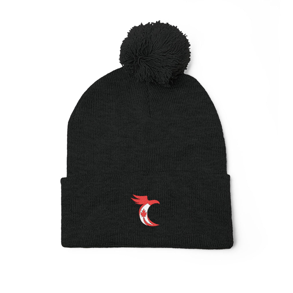 Embroidered Pom-Pom Knit Cap — Cozy Grey Beanie with Small Gold Stitching