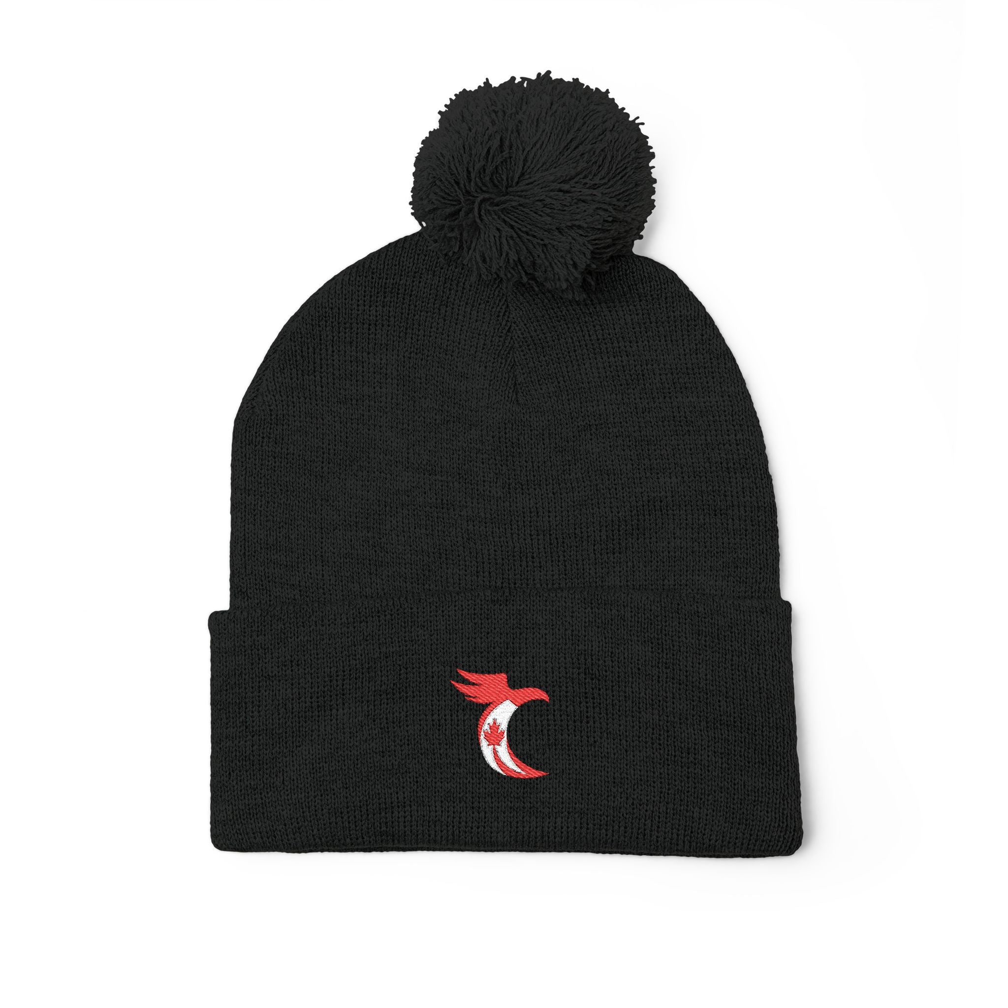 Embroidered Pom-Pom Knit Cap — Cozy Grey Beanie with Small Gold Stitching