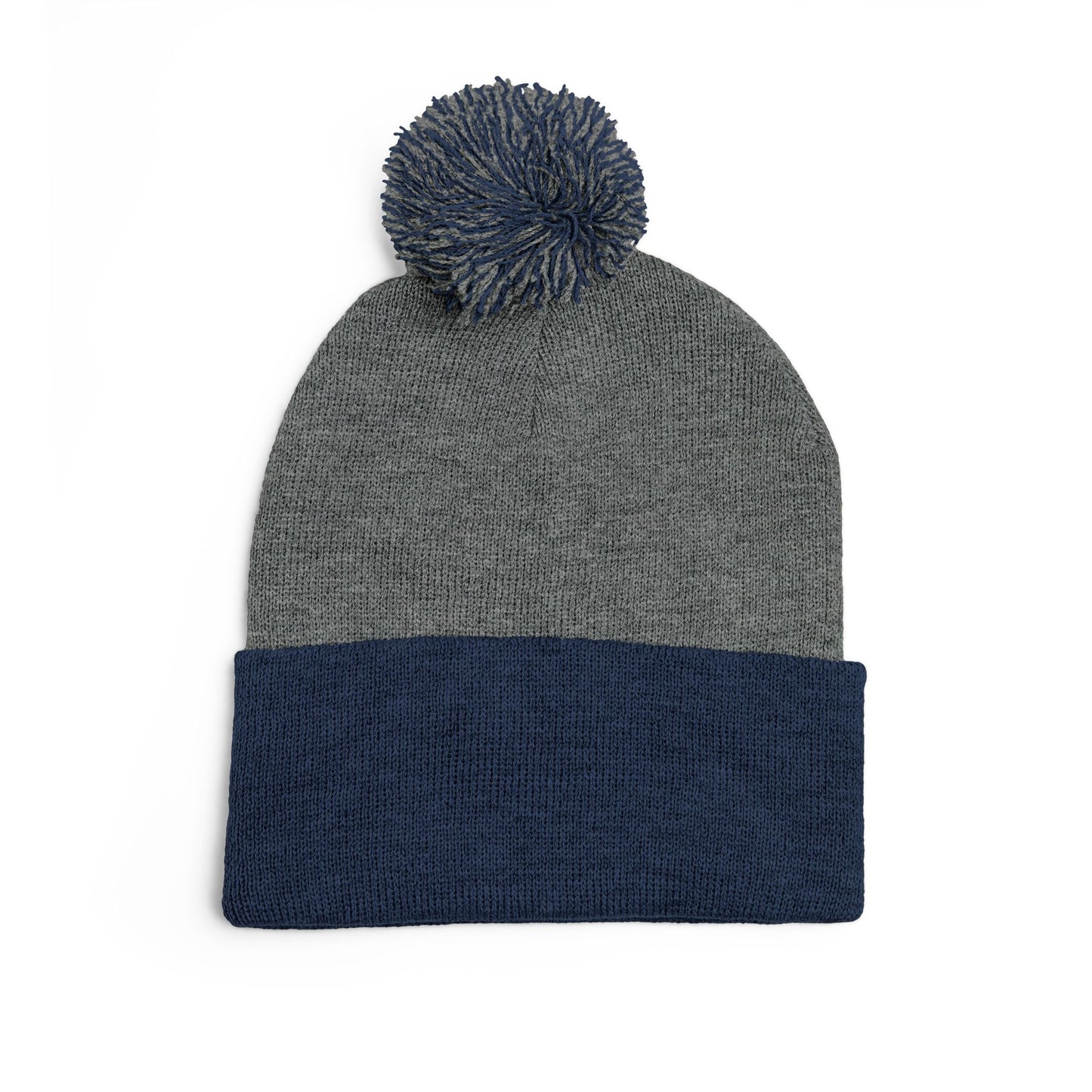 Embroidered Pom-Pom Knit Cap — Cozy Grey Beanie with Small Gold Stitching