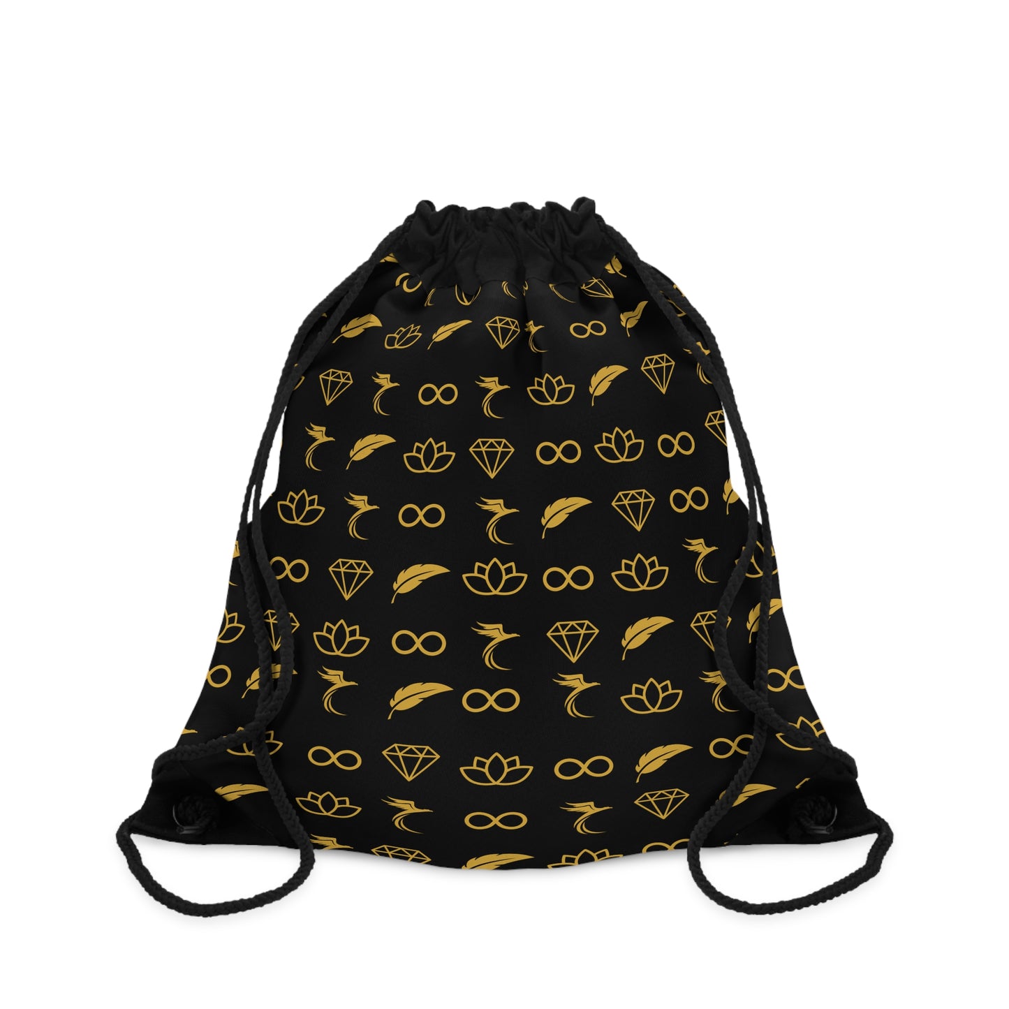 Stylish Black Drawstring Bag with Gold Symbol Patterns