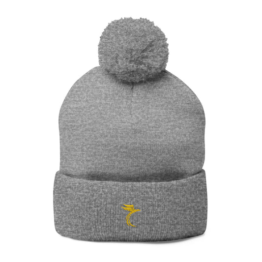Embroidered Pom-Pom Knit Cap — Cozy Grey Beanie with Small Gold Stitching
