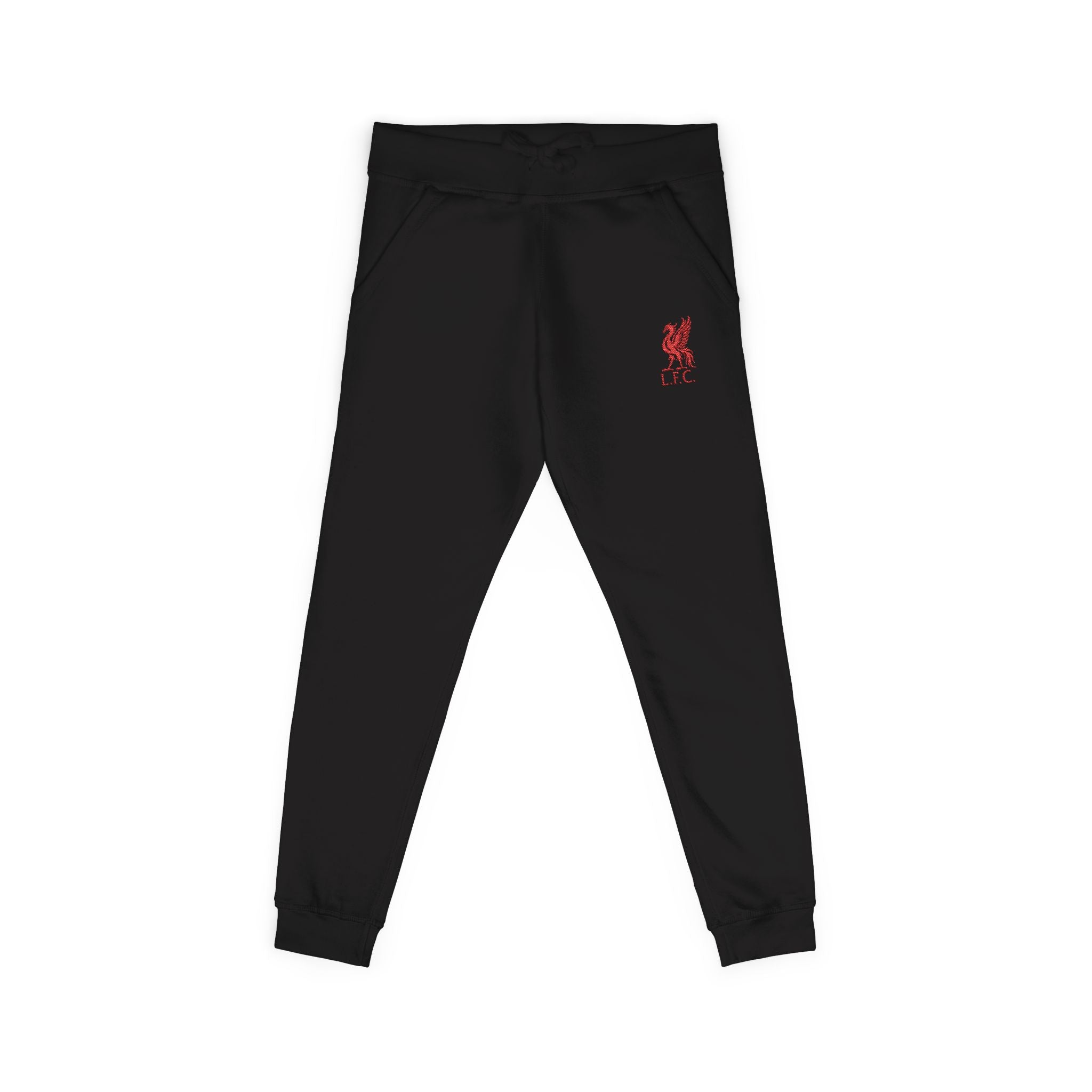 Liverpool Embroidered Crest Sweatpants — White Cozy Joggers with Small Red Logo