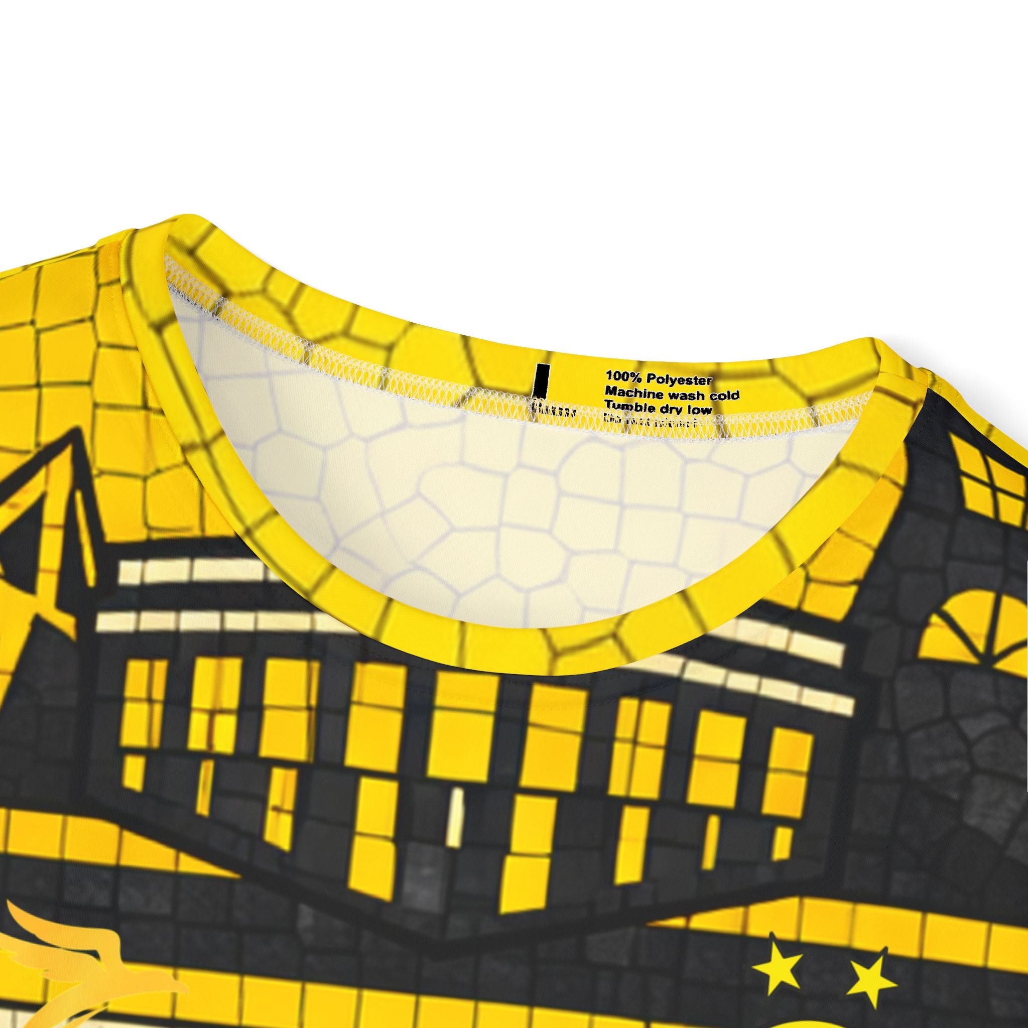 Men's Sports Jersey — Yellow Mosaic Cityscape Football & Sausage Graphic