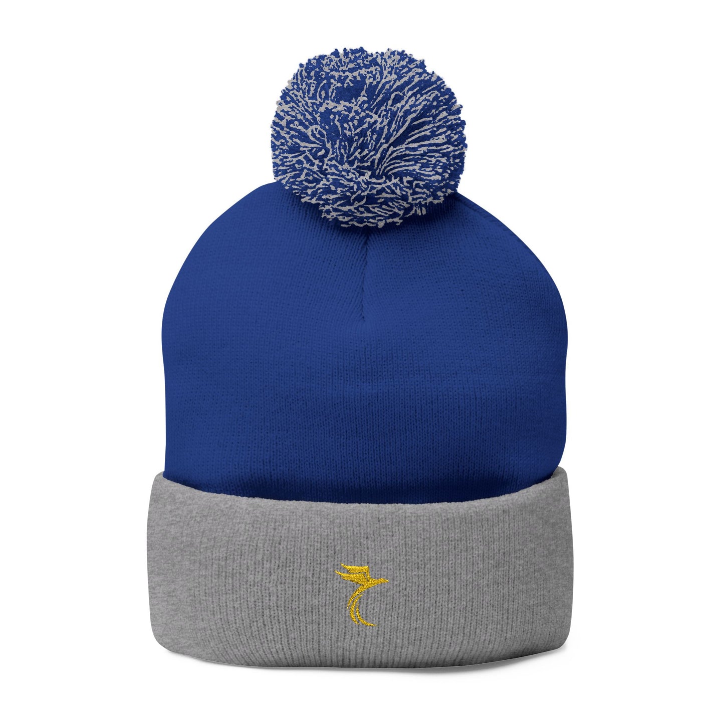 Embroidered Pom-Pom Knit Cap — Cozy Grey Beanie with Small Gold Stitching