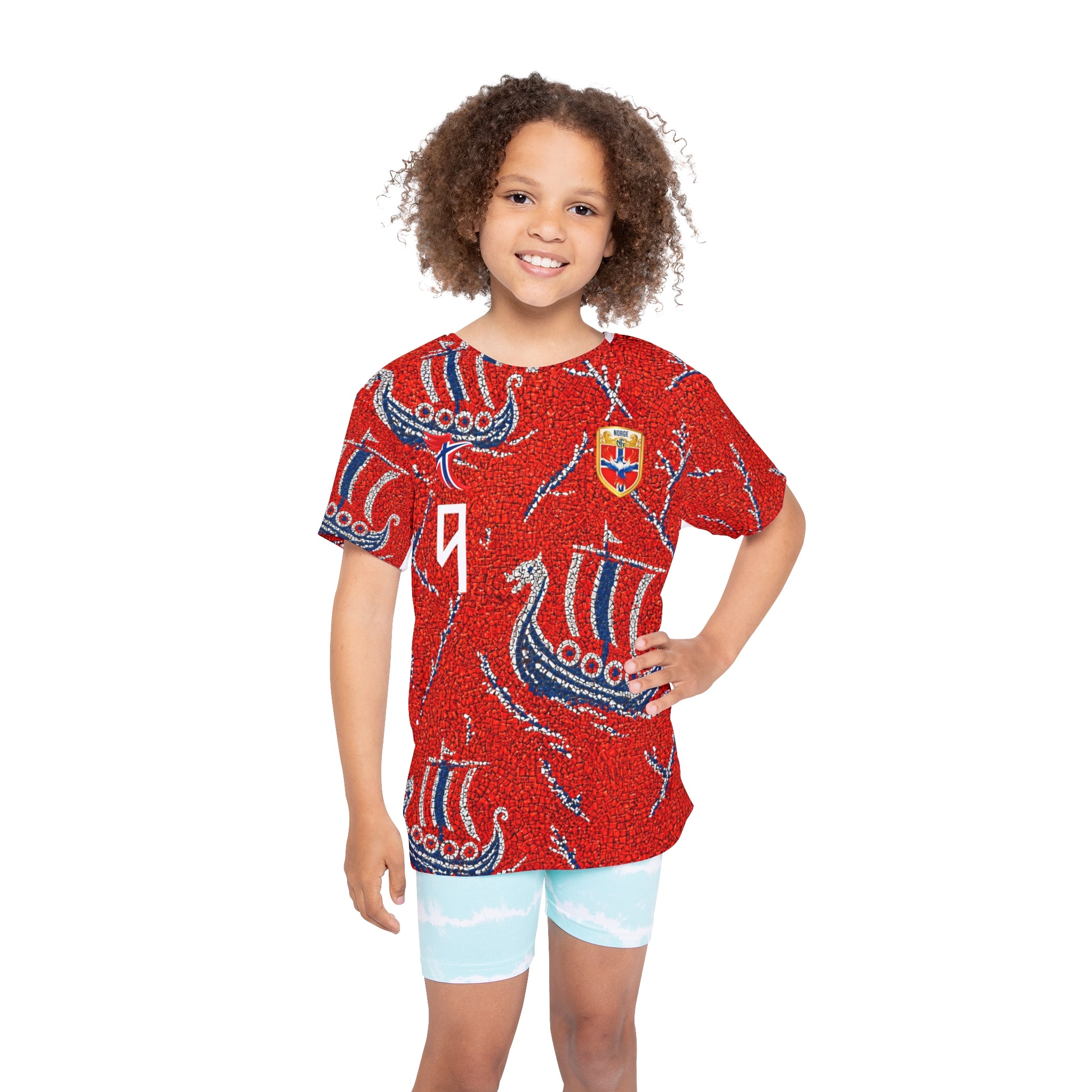 Kids Red Viking Football Jersey — Haaland #9 All-Over Print