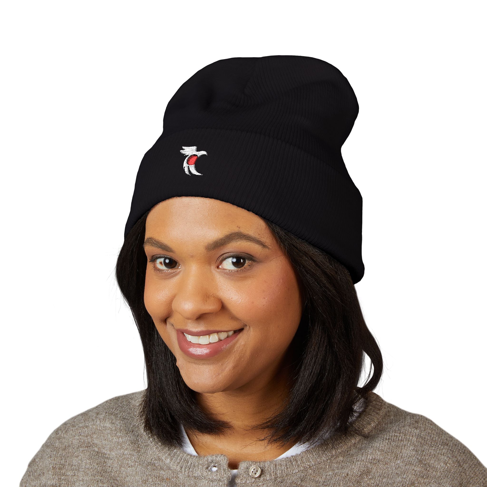 Embroidered Cat with Heart Cuffed Beanie — Cute Minimalist Knit Hat
