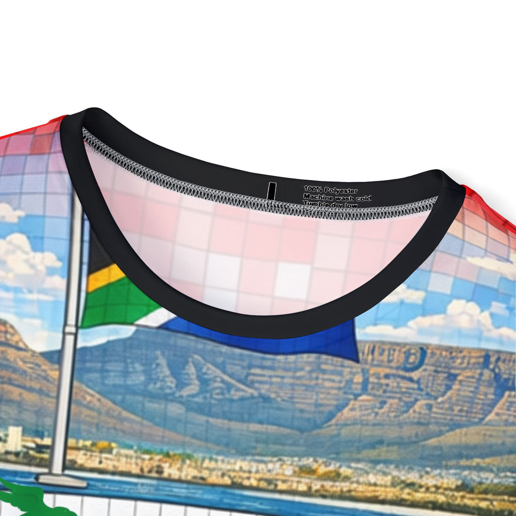 African Heritage Mosaic Sports Jersey — Table Mountain, Wildlife & Rainbow Stripe Design