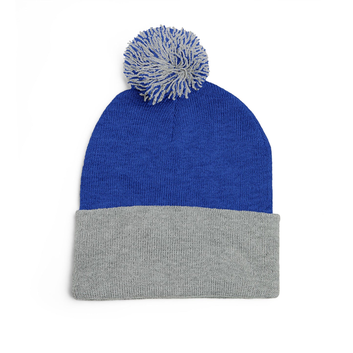 Embroidered Pom-Pom Knit Cap — Cozy Grey Beanie with Small Gold Stitching