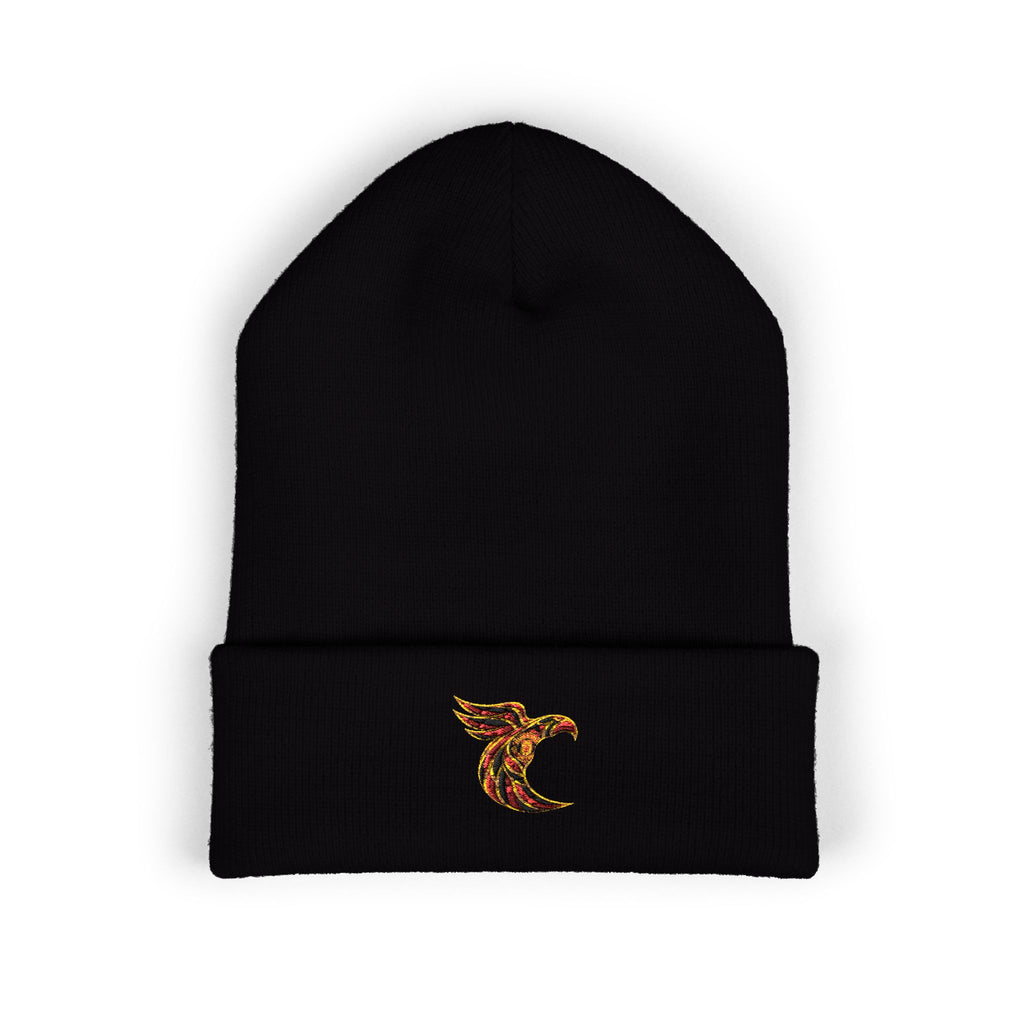 Embroidered Fiery Phoenix Cuffed Beanie — Flame Bird Embroidery