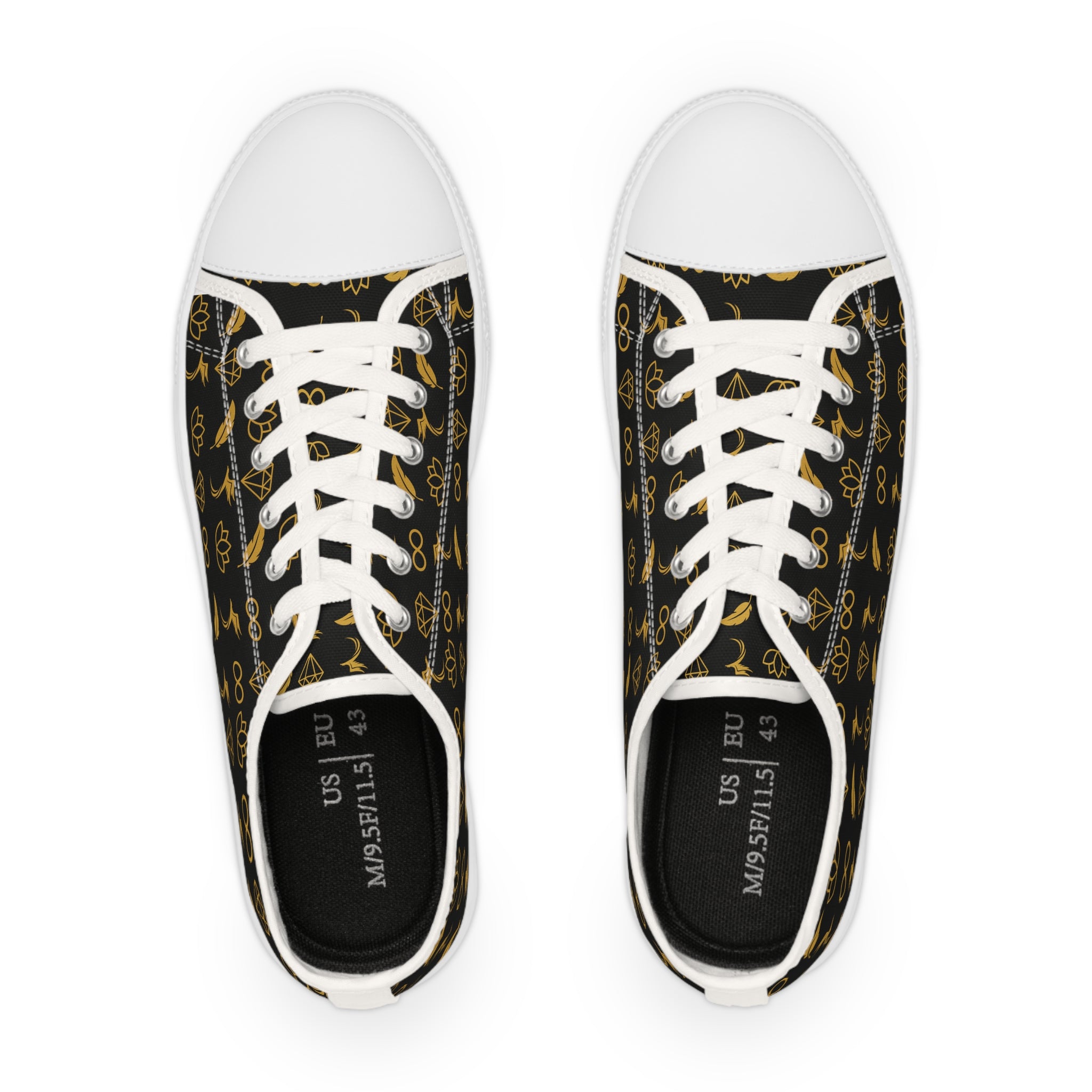 Men's Low Top Sneakers – Black & Gold Bicycle Pattern Casual Canvas Shoes