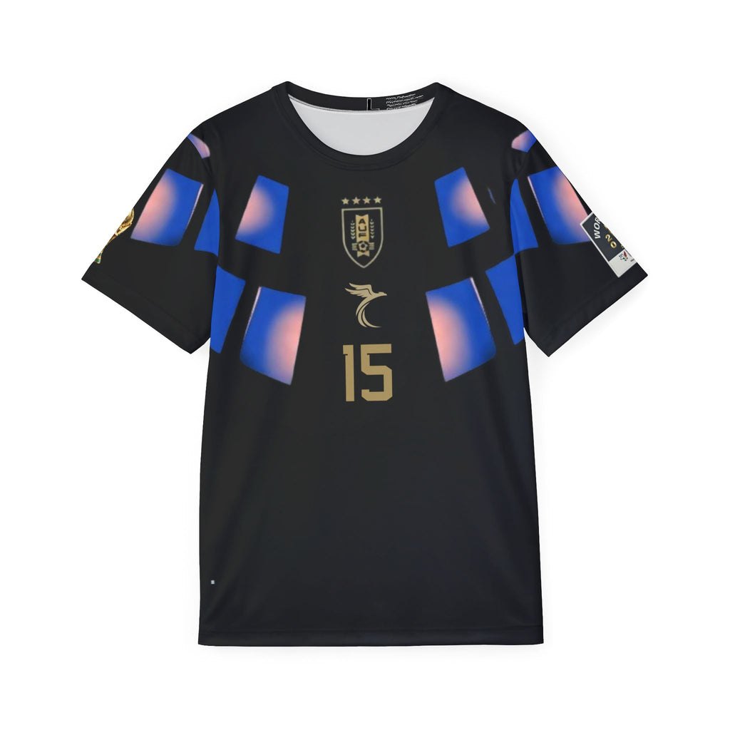 Men's Black Futuristic Soccer Jersey — Blue Glow Crest AOP