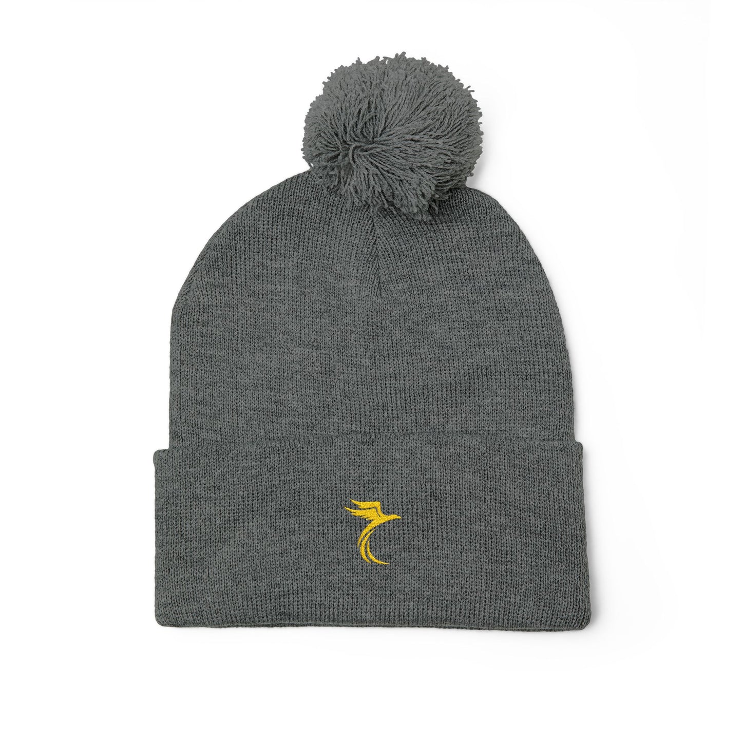 Embroidered Pom-Pom Knit Cap — Cozy Grey Beanie with Small Gold Stitching