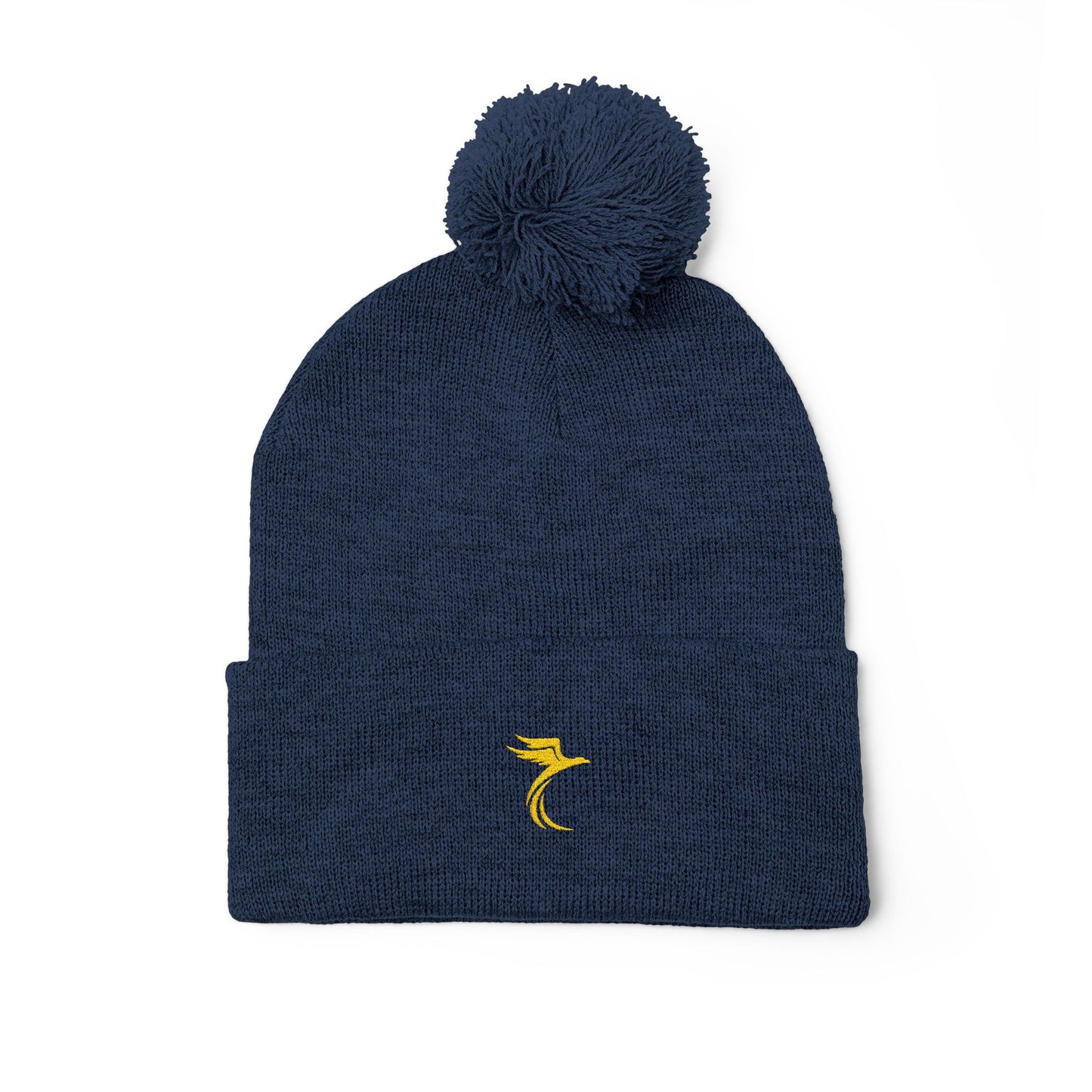 Embroidered Pom-Pom Knit Cap — Cozy Grey Beanie with Small Gold Stitching
