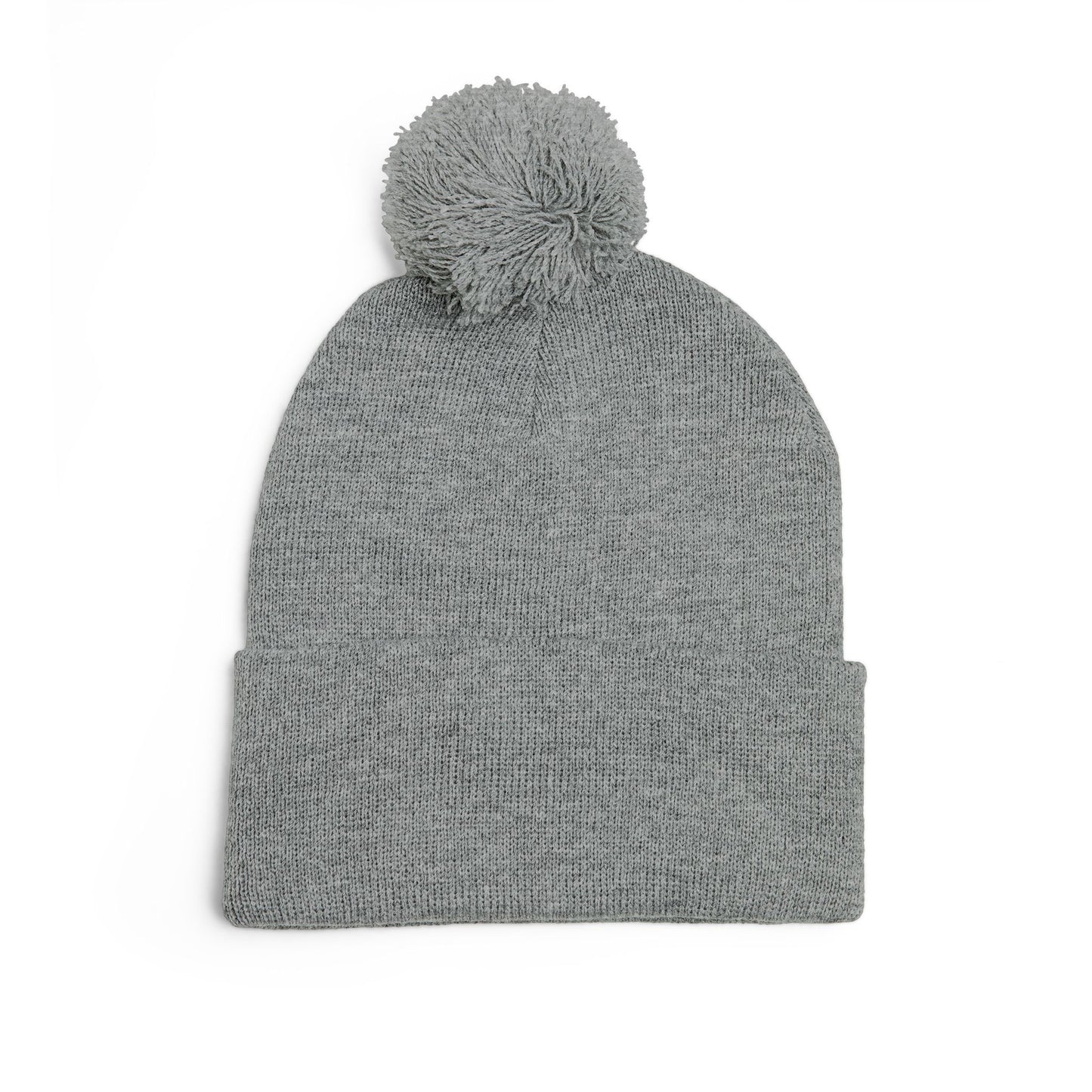 Embroidered Pom-Pom Knit Cap — Cozy Grey Beanie with Small Gold Stitching