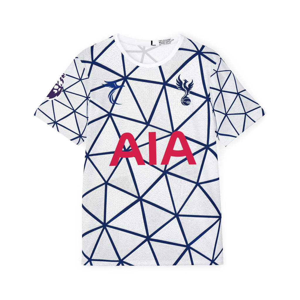 Men's All-Over Print Football Jersey — Geometric White/Navy with AIA Logo and Number 18