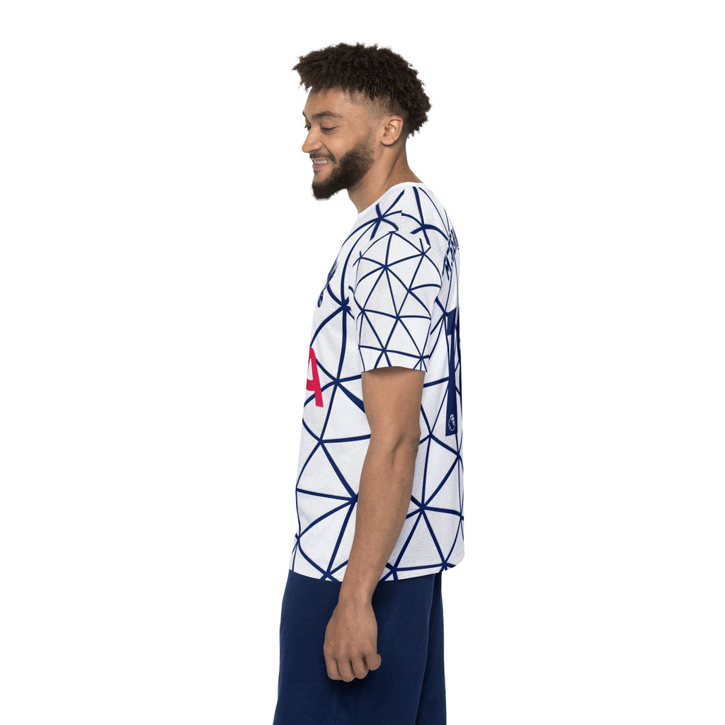 Men's All-Over Print Football Jersey — Geometric White/Navy with AIA Logo and Number 18