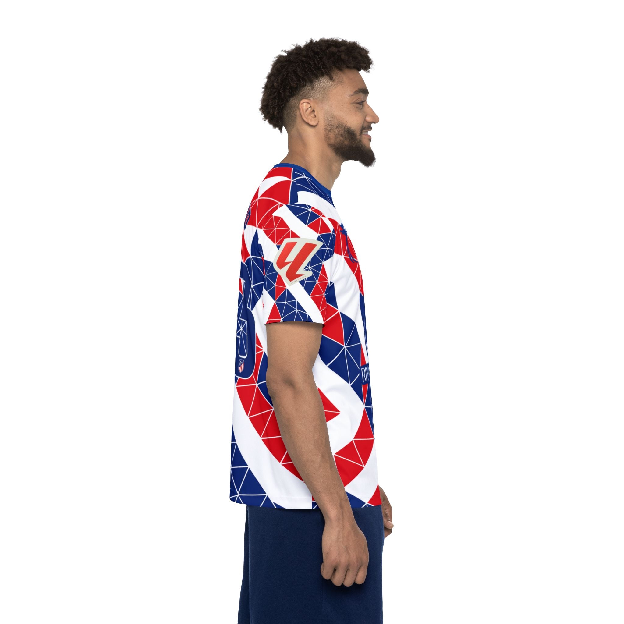 Men's Custom Soccer Jersey — Red White & Blue Geometric #23 (Hjulmand)