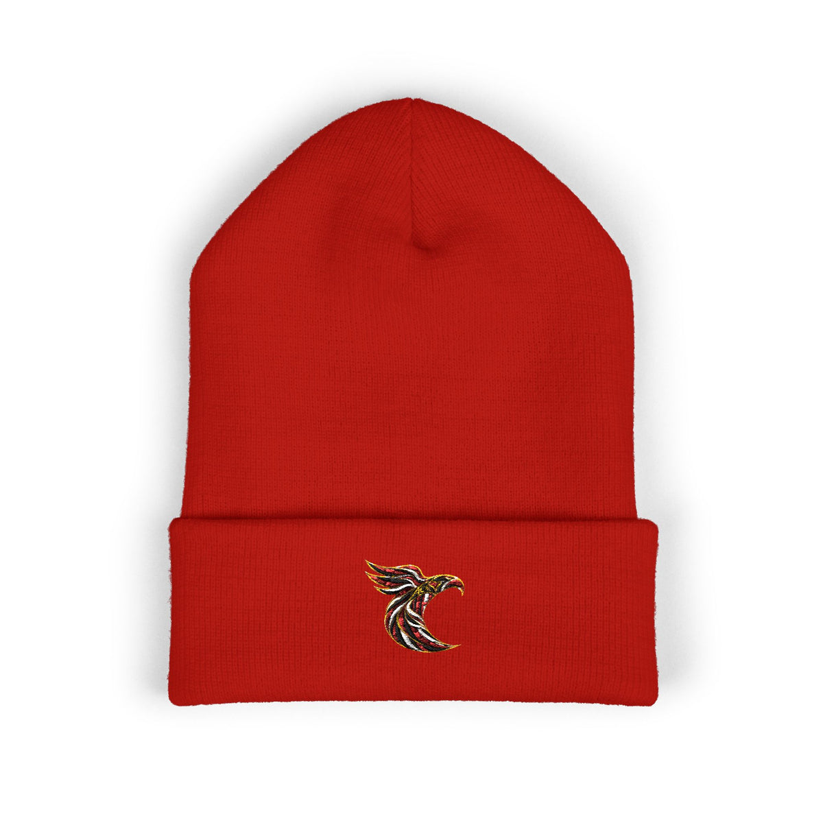 Embroidered Phoenix Cuff Beanie — Small Colorful Phoenix Logo Knit Hat