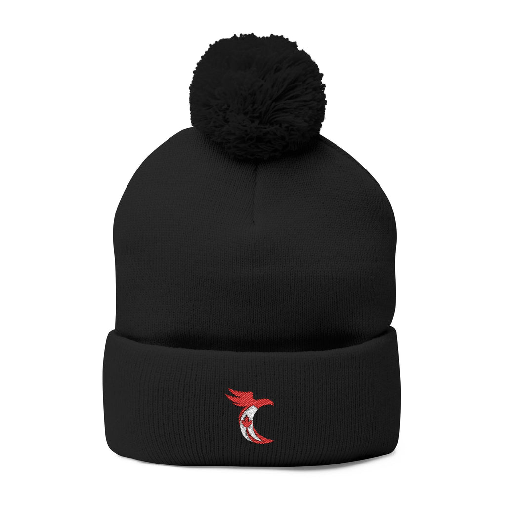 Embroidered Pom-Pom Knit Cap — Cozy Grey Beanie with Small Gold Stitching