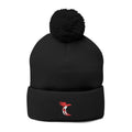 Embroidered Pom-Pom Knit Cap — Cozy Grey Beanie with Small Gold Stitching